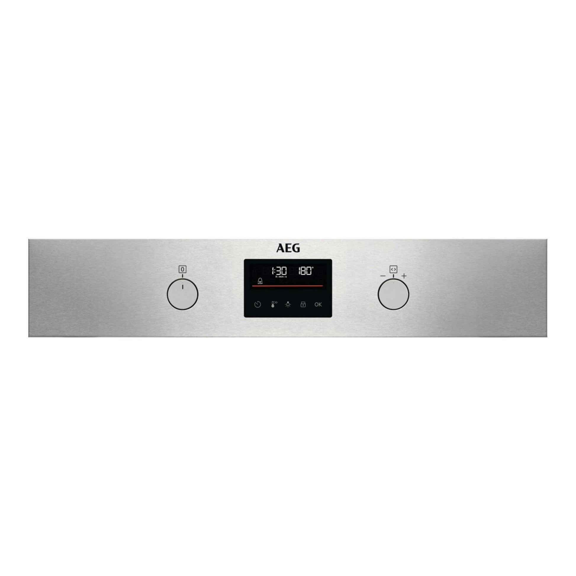 Horno AEG de acero inoxidable, vista frontal, con pantalla digital central y dos mandos circulares.