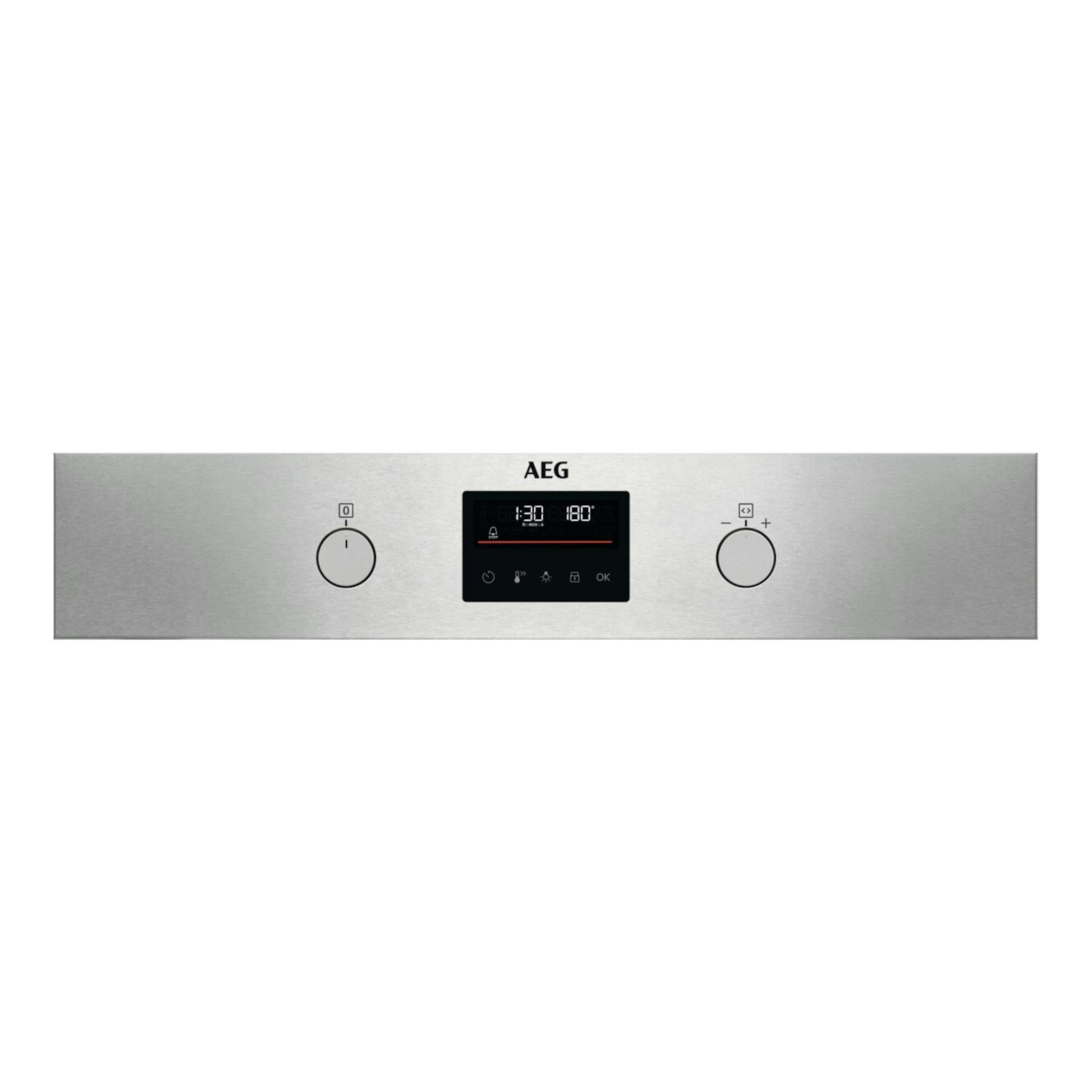 Horno AEG de acero inoxidable, vista frontal, con pantalla digital central y dos mandos circulares.