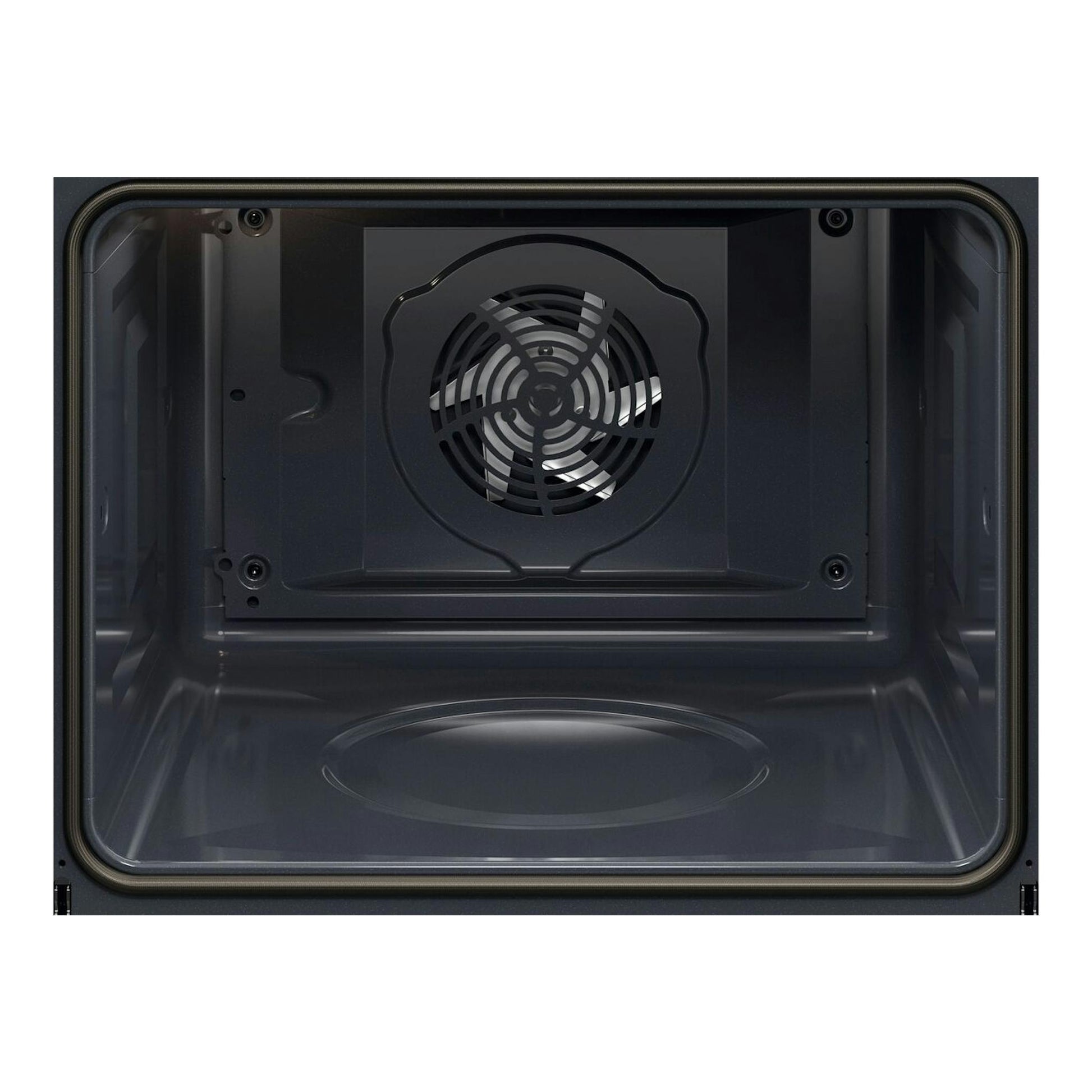 Interior de horno AEG BPB331061M, vista frontal, cavidad negra con ventilador circular trasero.