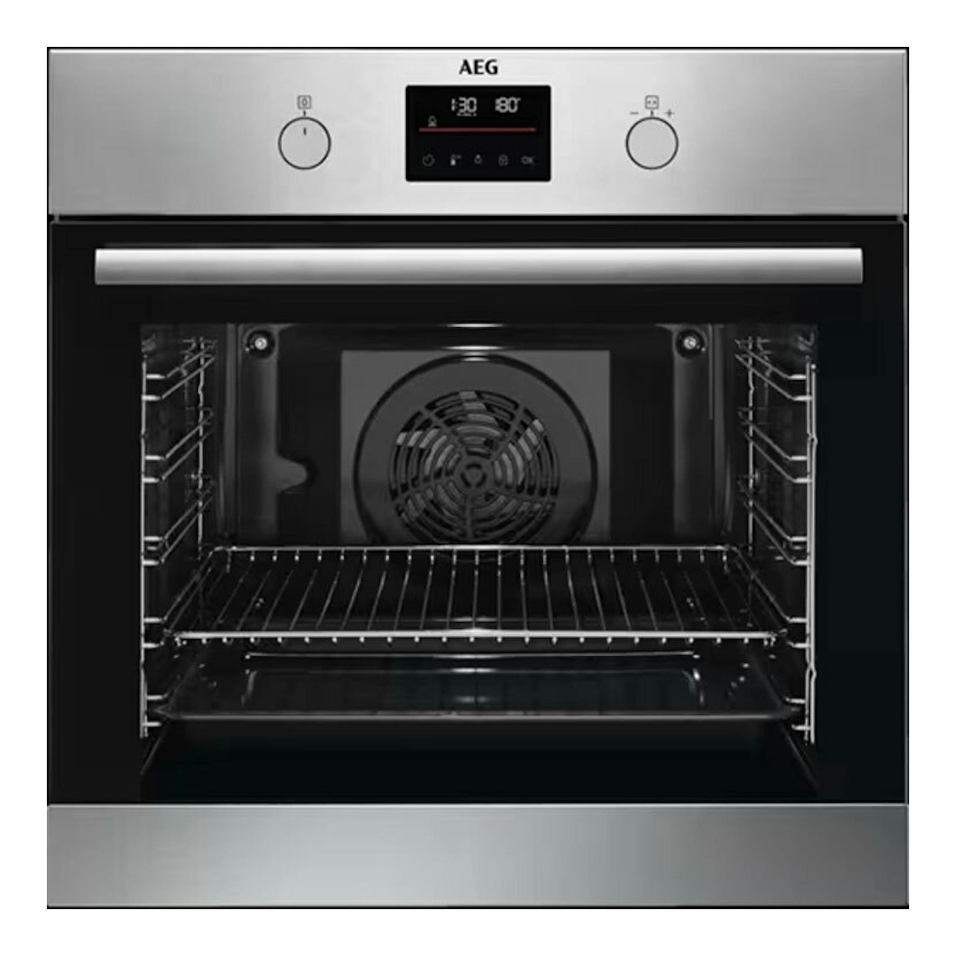 Horno AEG BPB331161M inox, vista frontal con la puerta abierta e interior negro con ventilador.