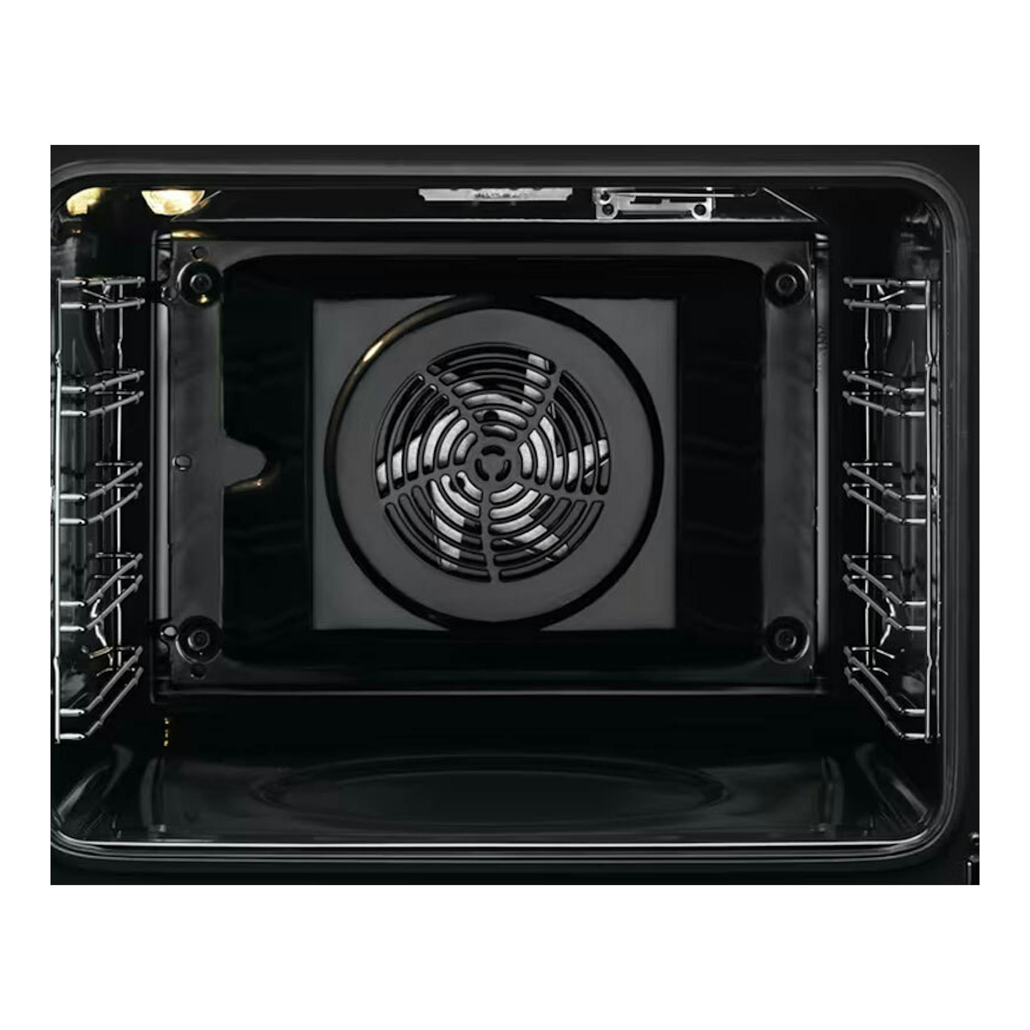 Horno AEG BPB331161M inox, vista interior frontal negra con ventilador central y guías laterales.