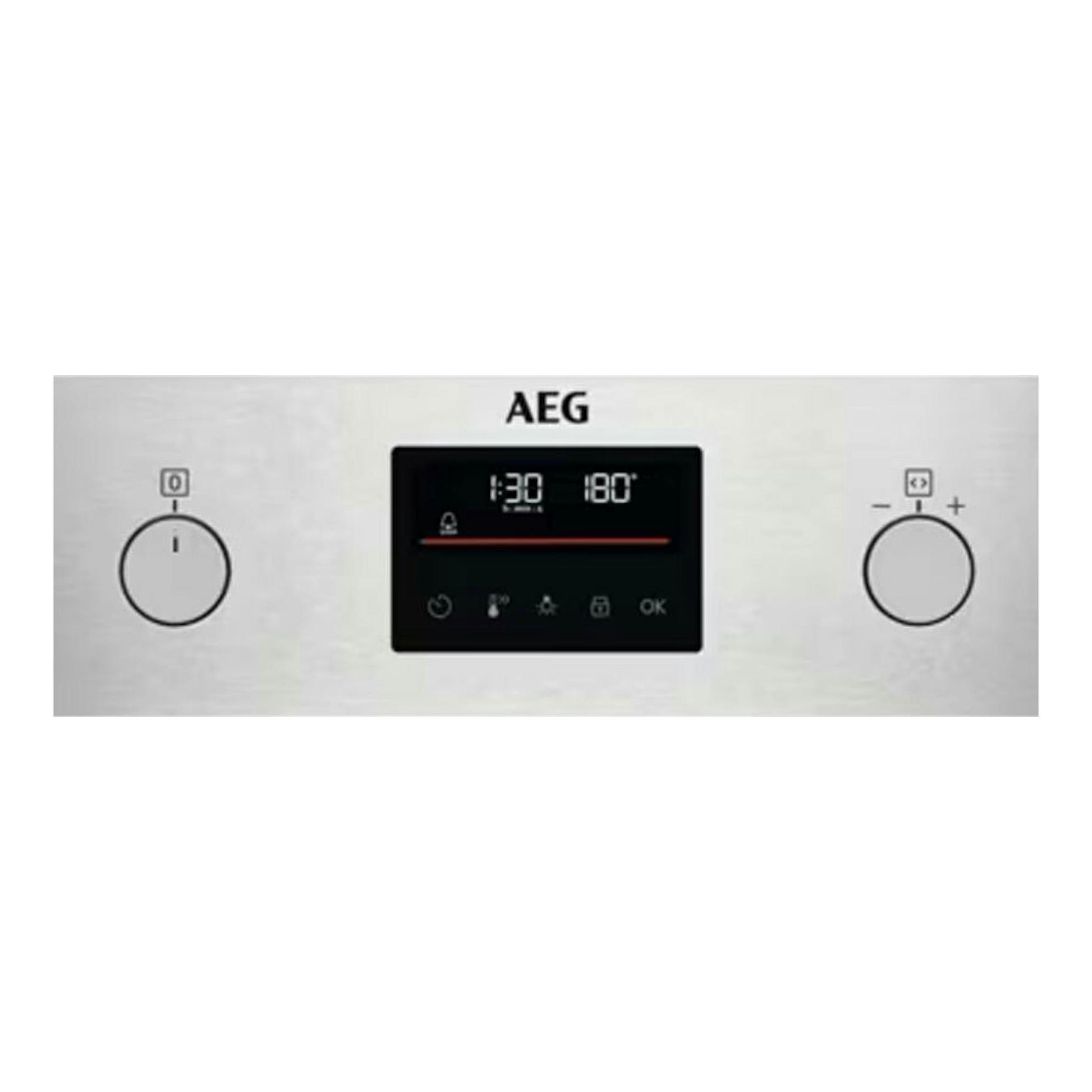 Horno AEG BPB331161M inox, panel frontal con pantalla digital central y dos mandos circulares.