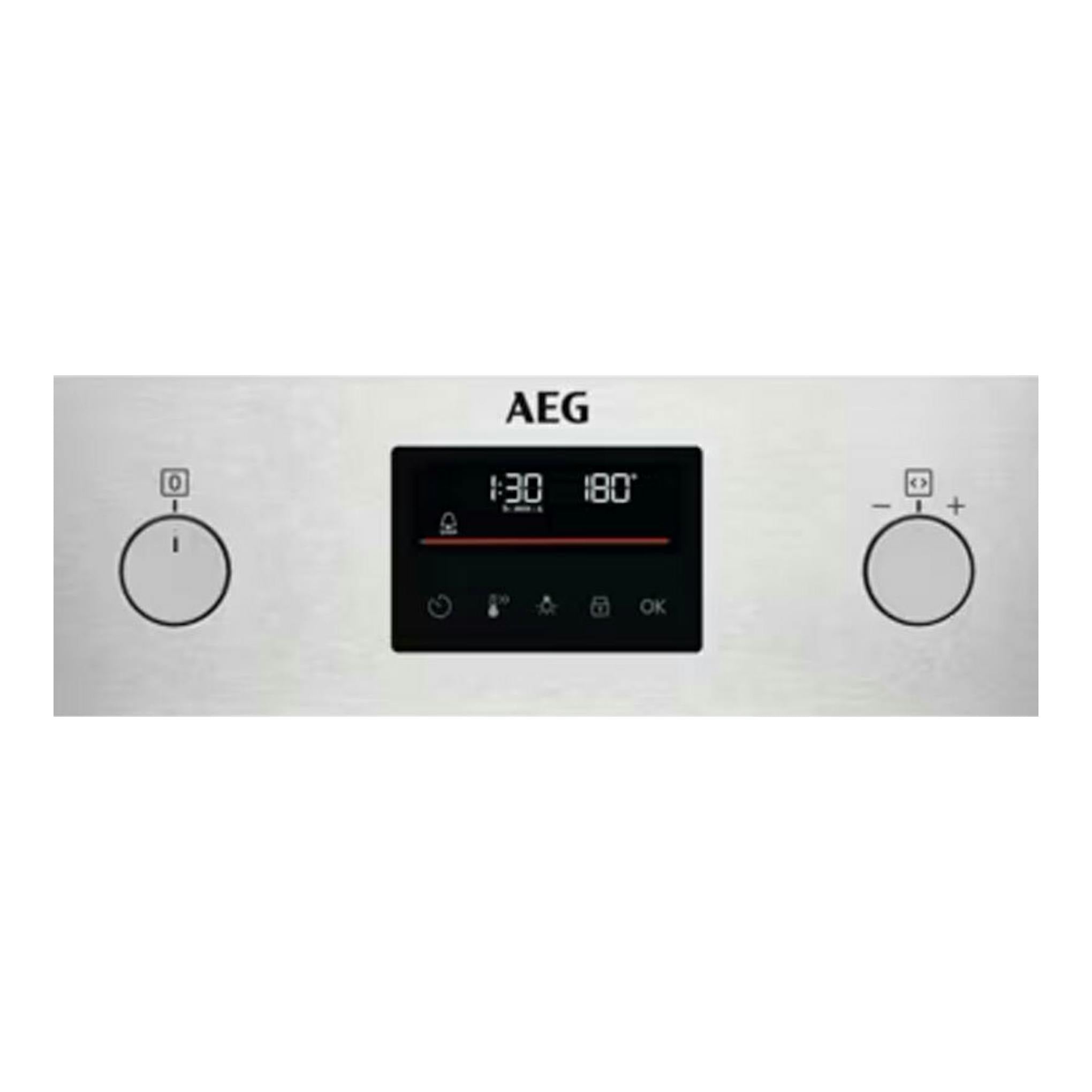 Horno AEG BPB331161M inox, panel frontal con pantalla digital central y dos mandos circulares.