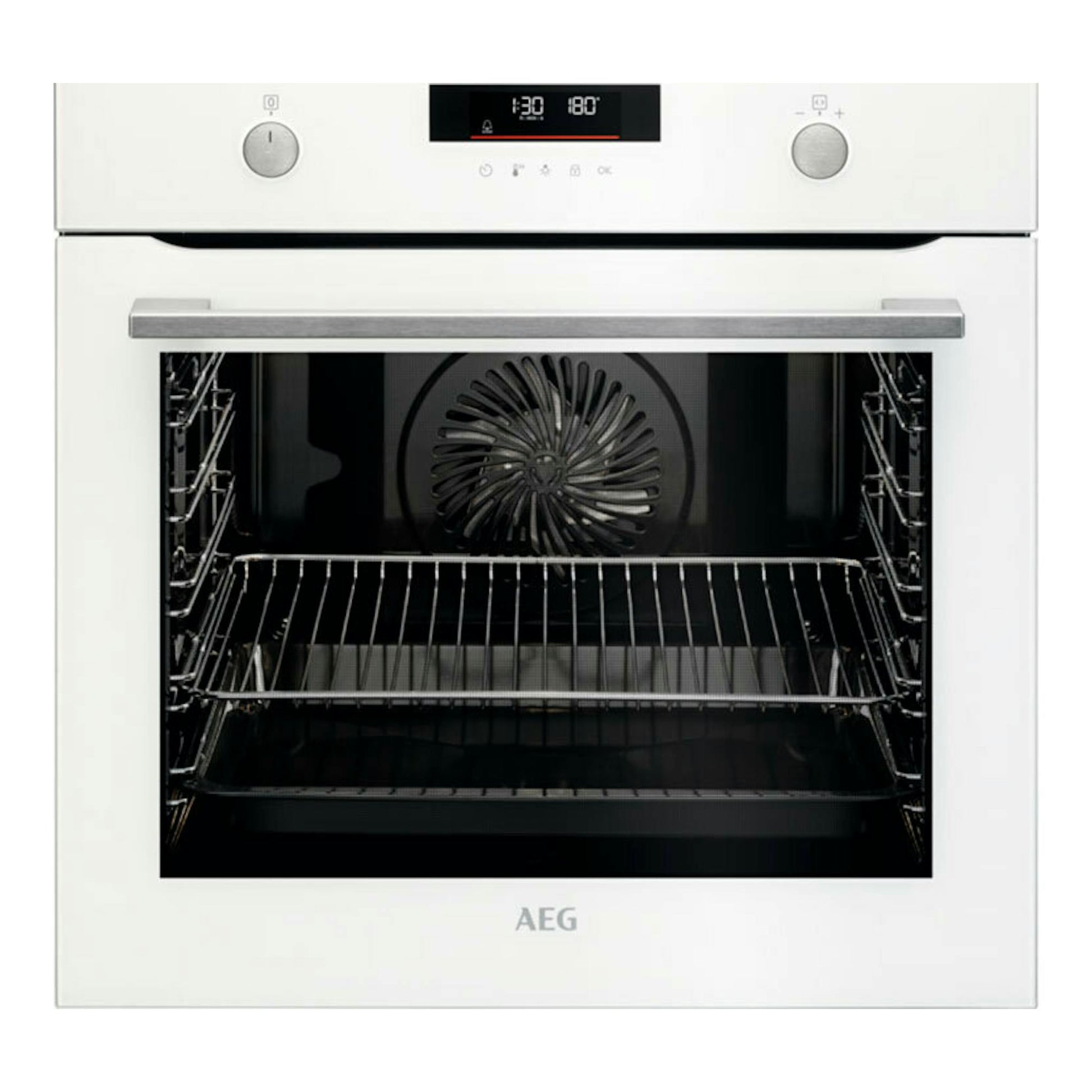 Horno empotrable AEG BPS535160W blanco, vista frontal, con display central y mandos laterales.