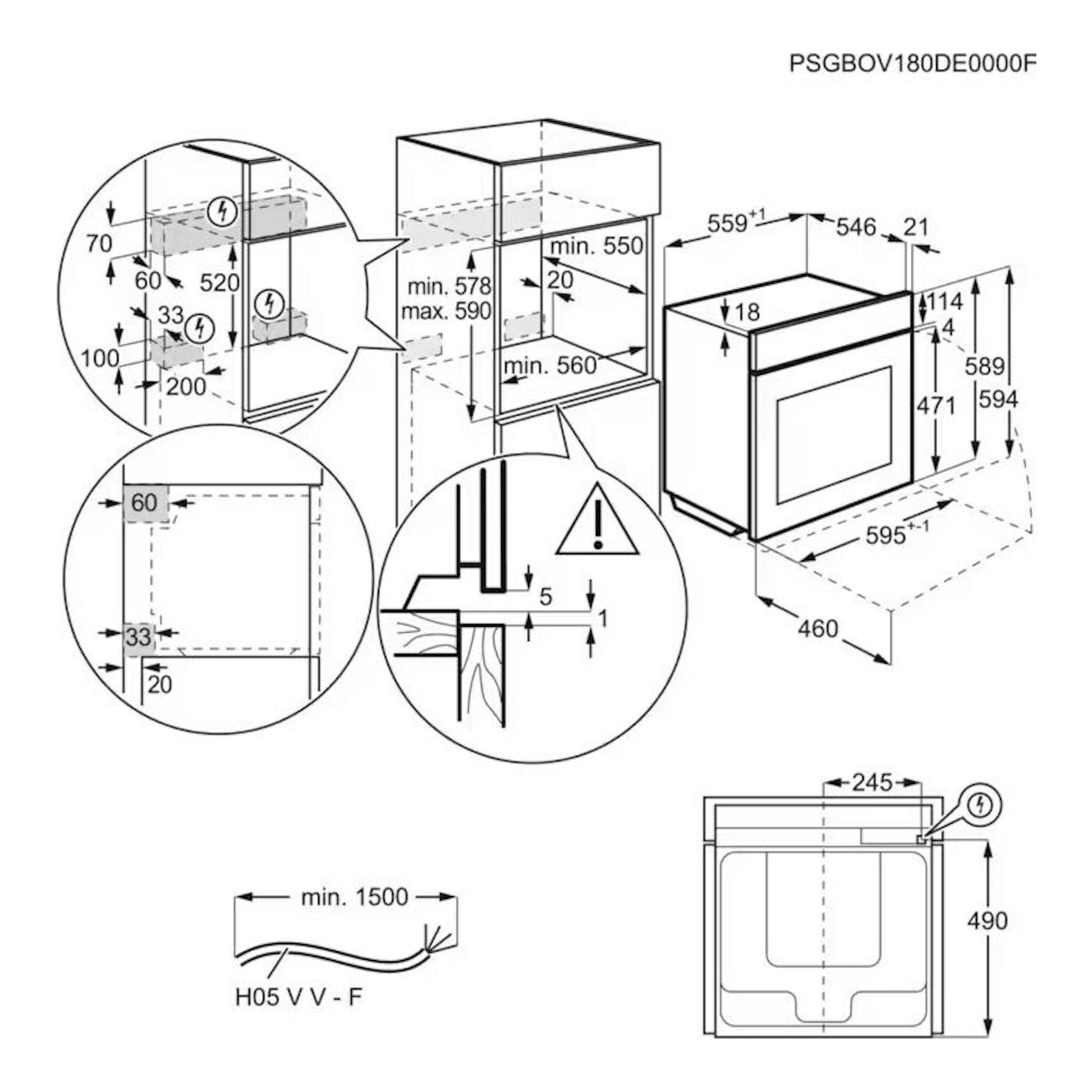 Plano técnico de instalación del horno AEG BPS535160W blanco, con vistas frontal y lateral y medidas.