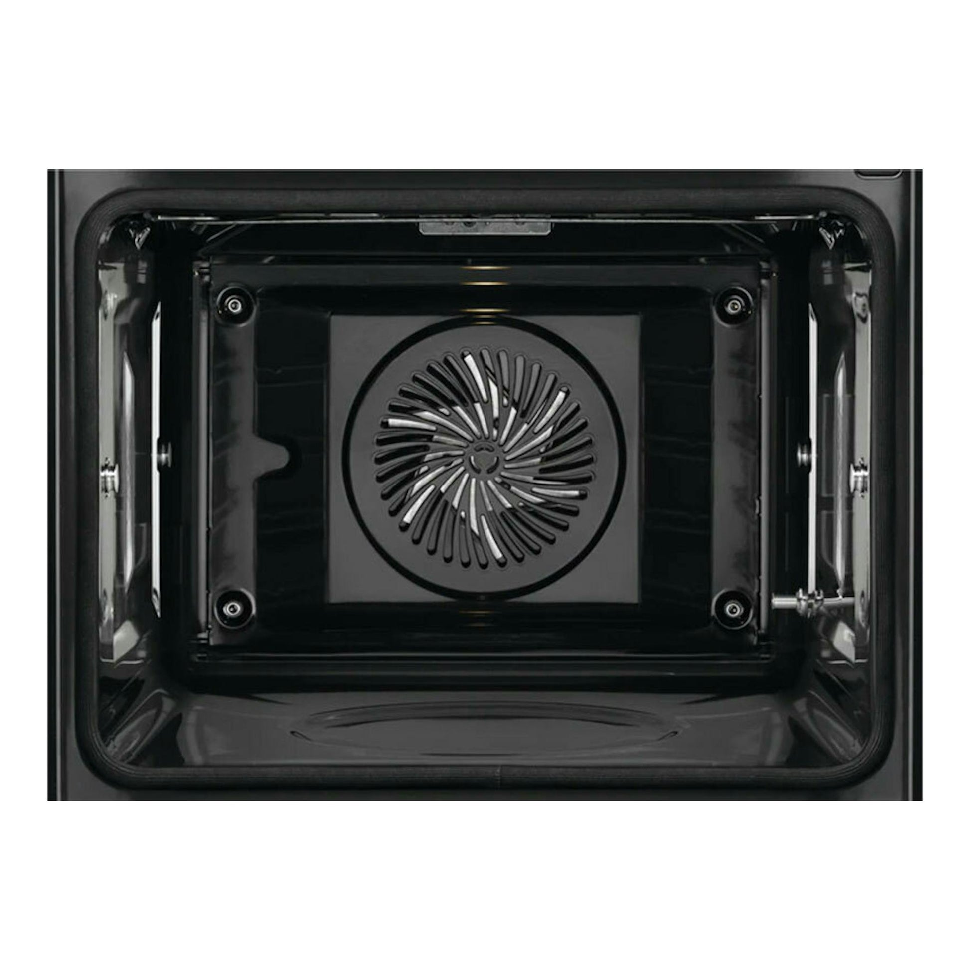 Interior de horno AEG BPS535160W blanco, vista frontal de la cavidad negra con ventilador circular trasero.