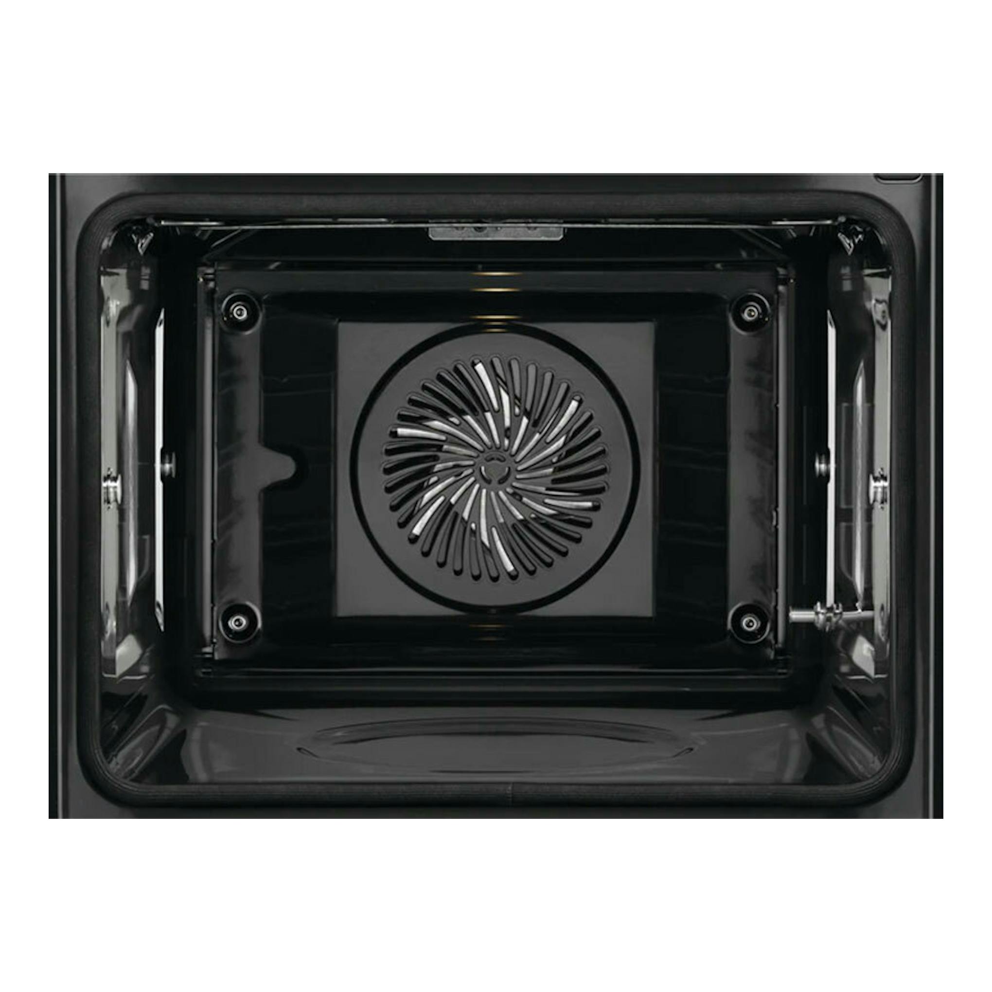 Interior de horno AEG BPS535160W blanco, vista frontal de la cavidad negra con ventilador circular trasero.
