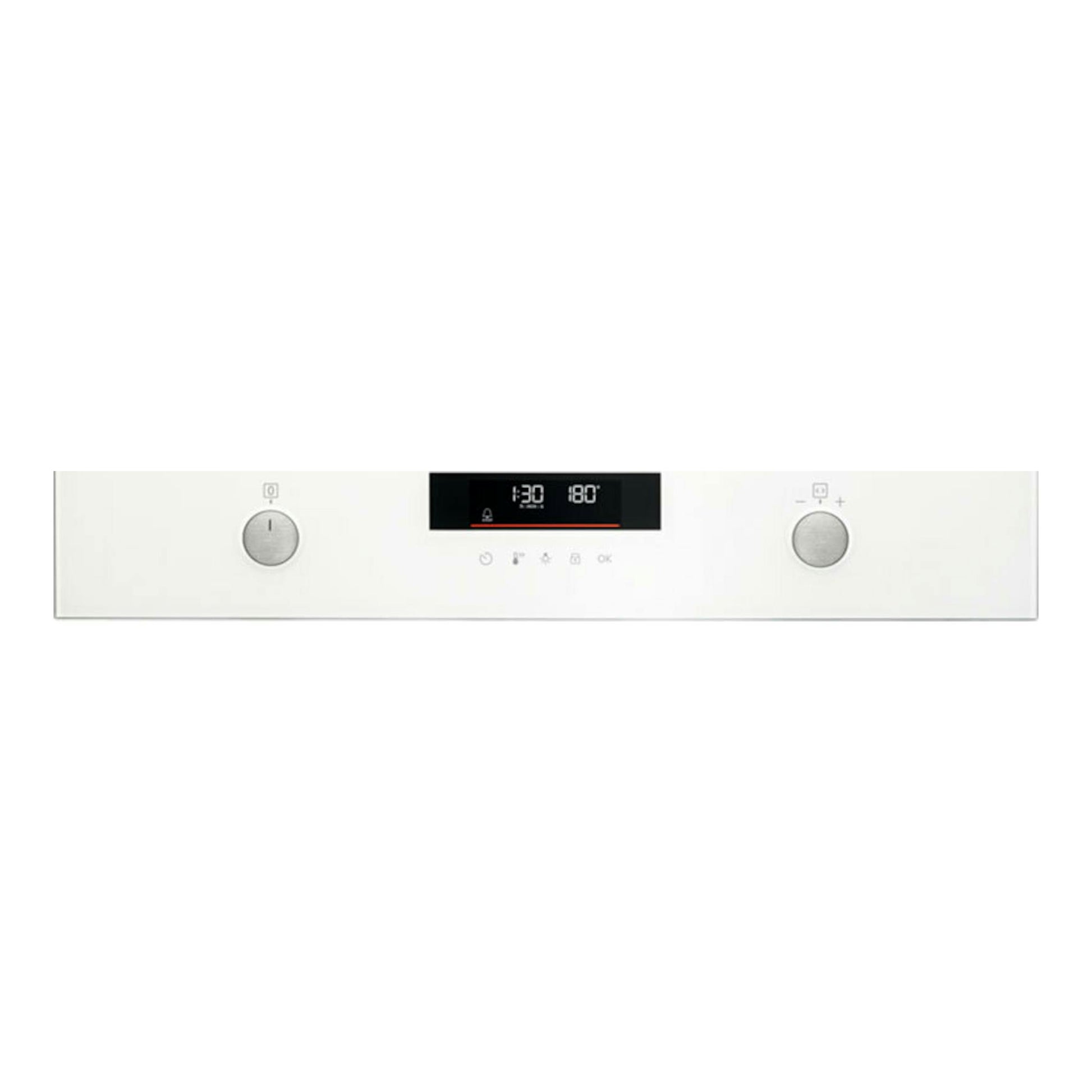 Horno AEG BPS535160W blanco, vista frontal, con panel central digital y dos mandos.