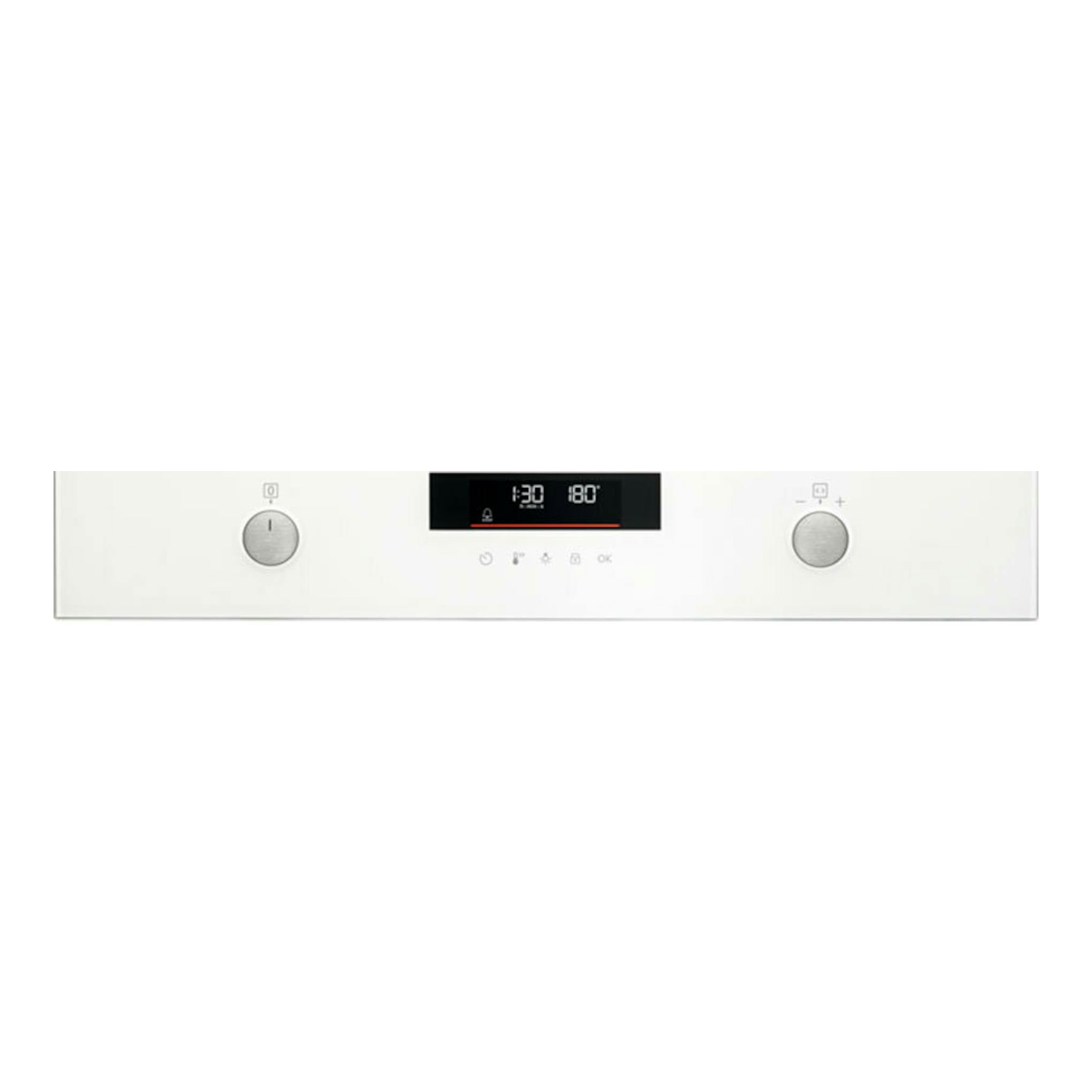 Horno AEG BPS535160W blanco, vista frontal, con panel central digital y dos mandos.