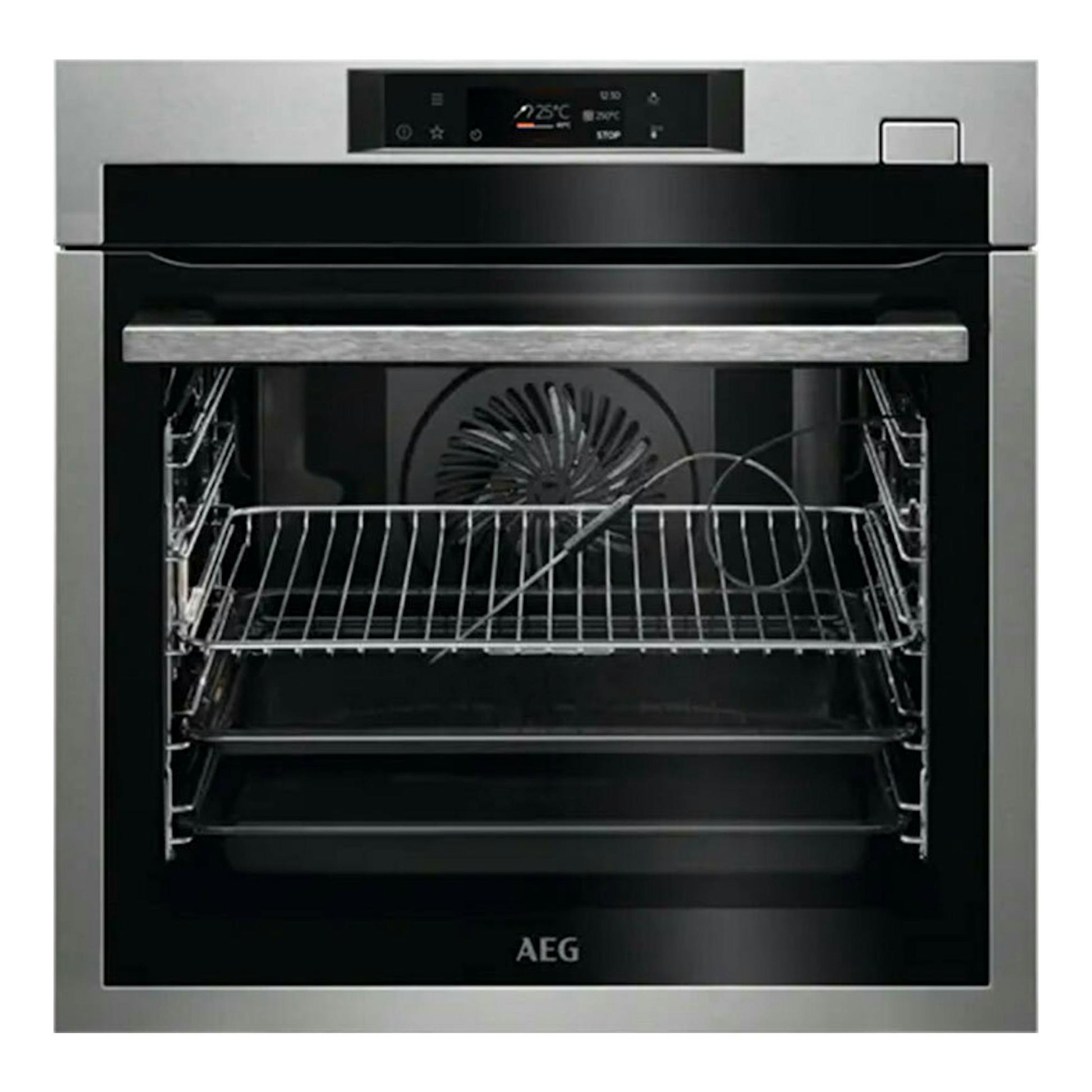 Horno empotrable AEG BSE782380M inox, vista frontal, puerta abierta, acabado acero inoxidable y cristal negro.