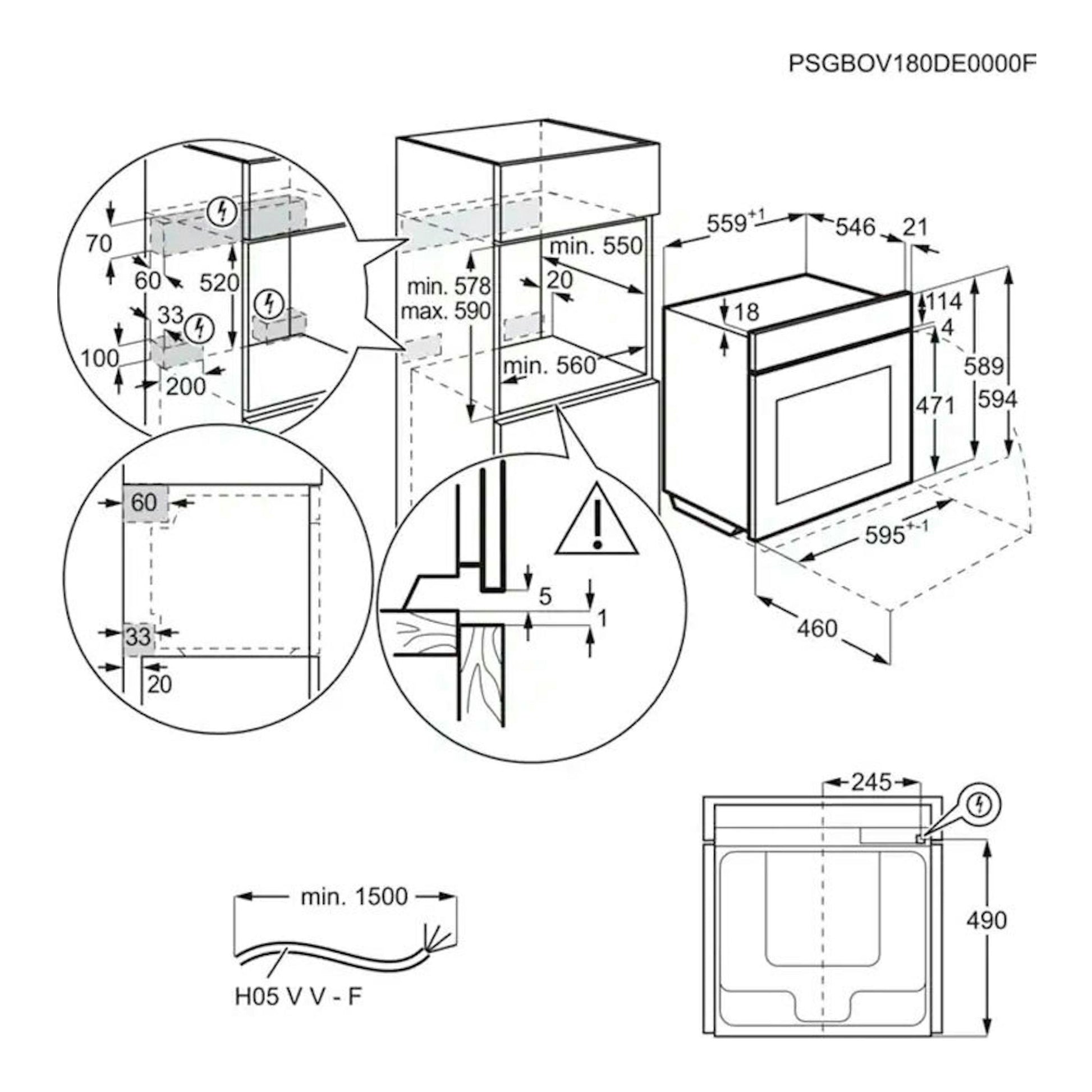 AEG BSE782380M Inox: esquema técnico de instalación de horno empotrable con medidas y vistas frontal y lateral.
