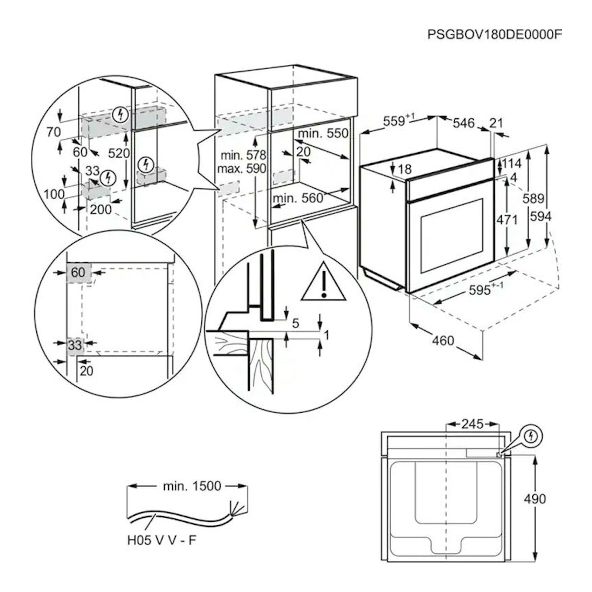 AEG BSE782380M Inox: esquema técnico de instalación de horno empotrable con medidas y vistas frontal y lateral.