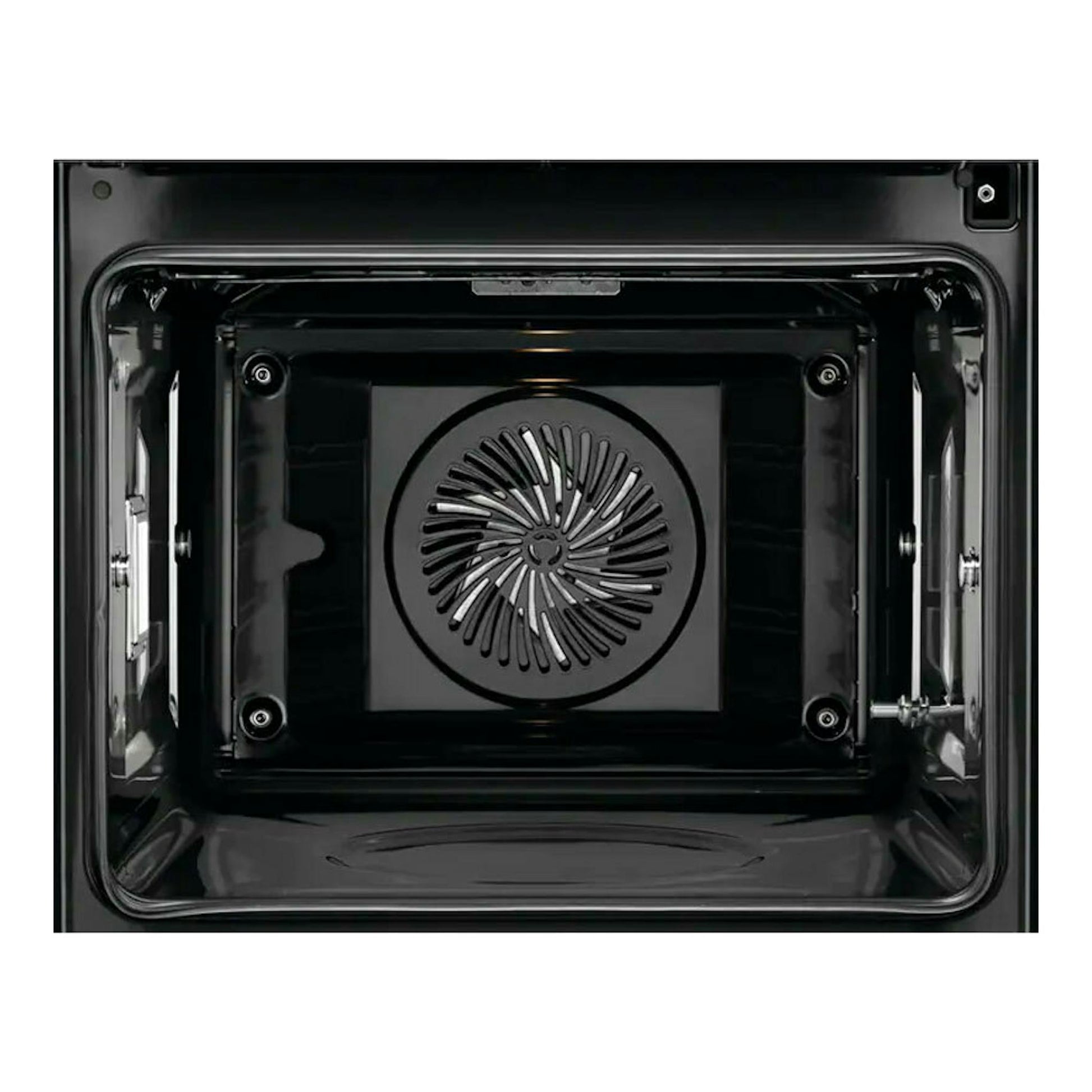 Horno AEG BSE782380M inox, vista frontal del interior negro con ventilador circular trasero.