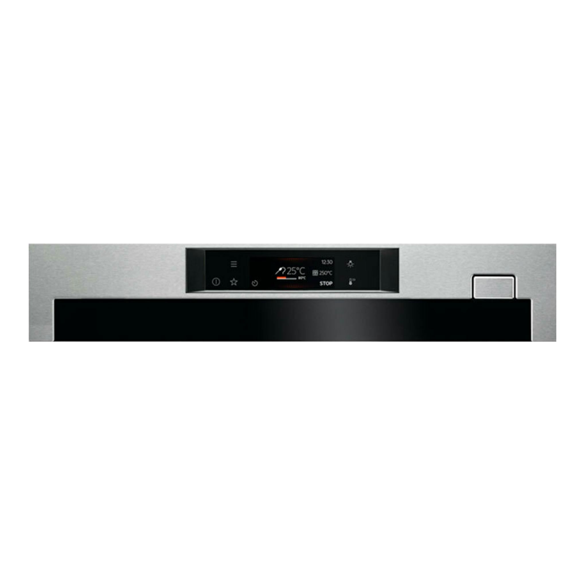 Horno AEG BSE782380M en inox, vista frontal con panel digital y puerta de cristal negro.