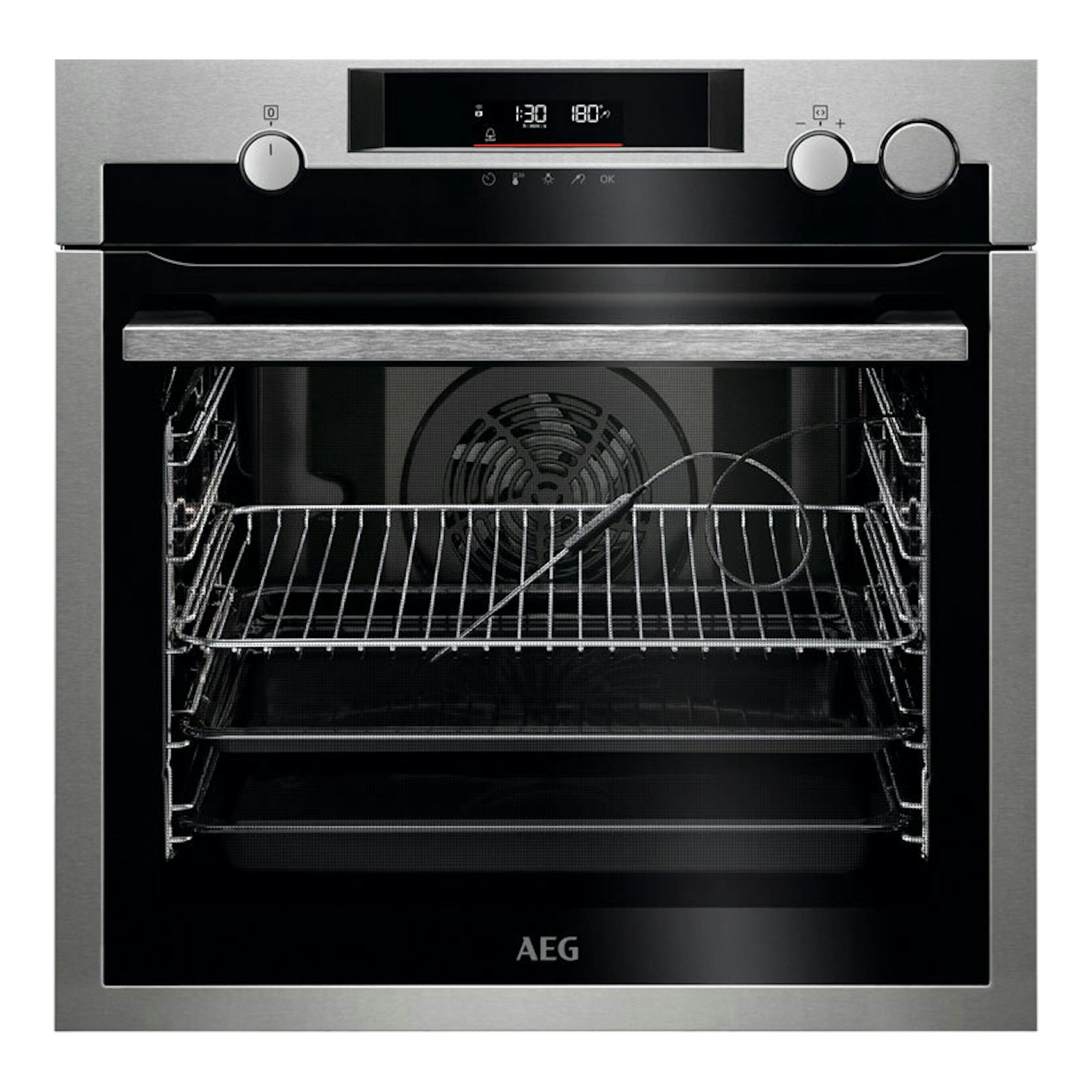 Horno AEG BSS578271M inox, vista frontal, puerta abierta, panel digital y cavidad interior negra.