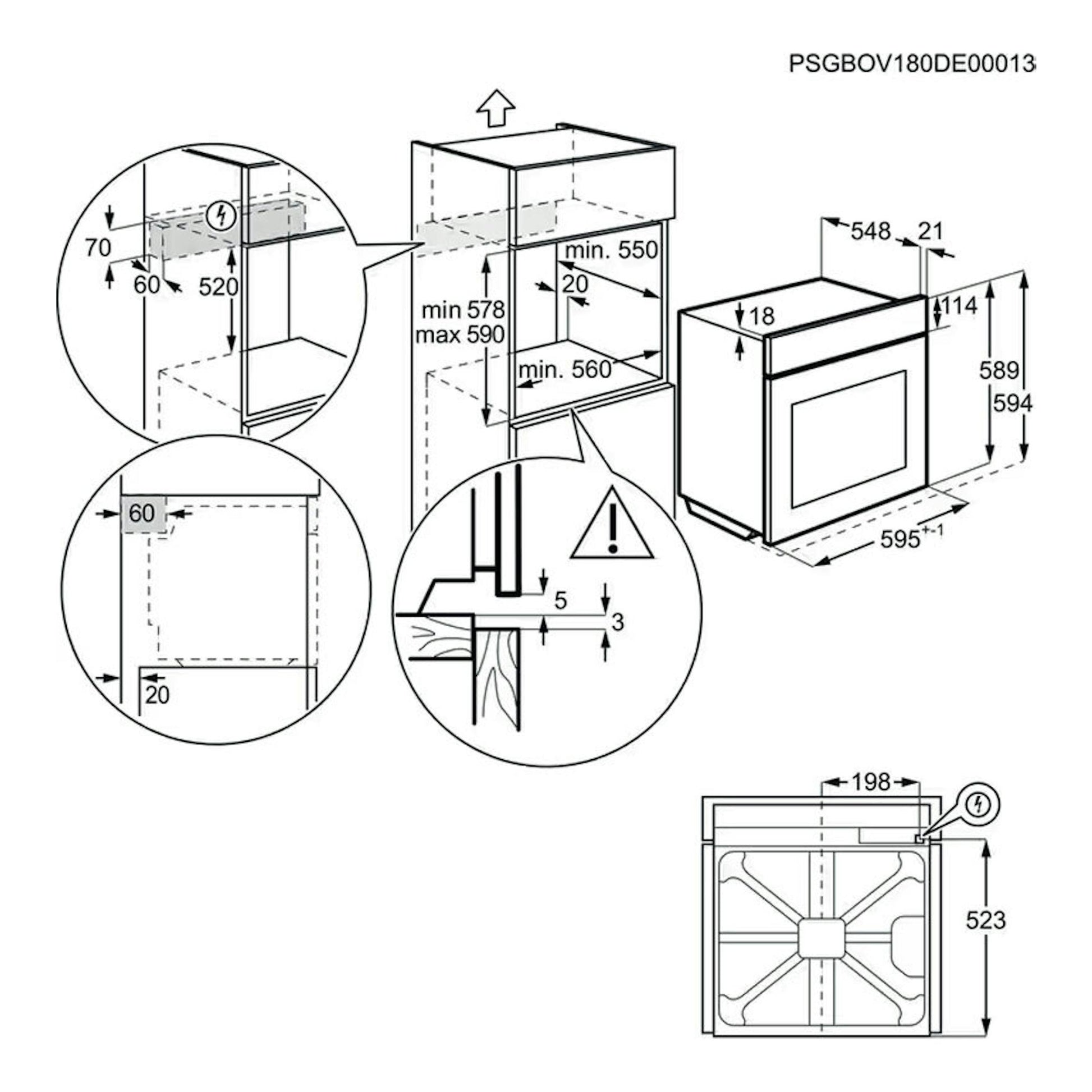 AEG BSS578271M, diagrama técnico en blanco y negro de horno empotrable con medidas de instalación.