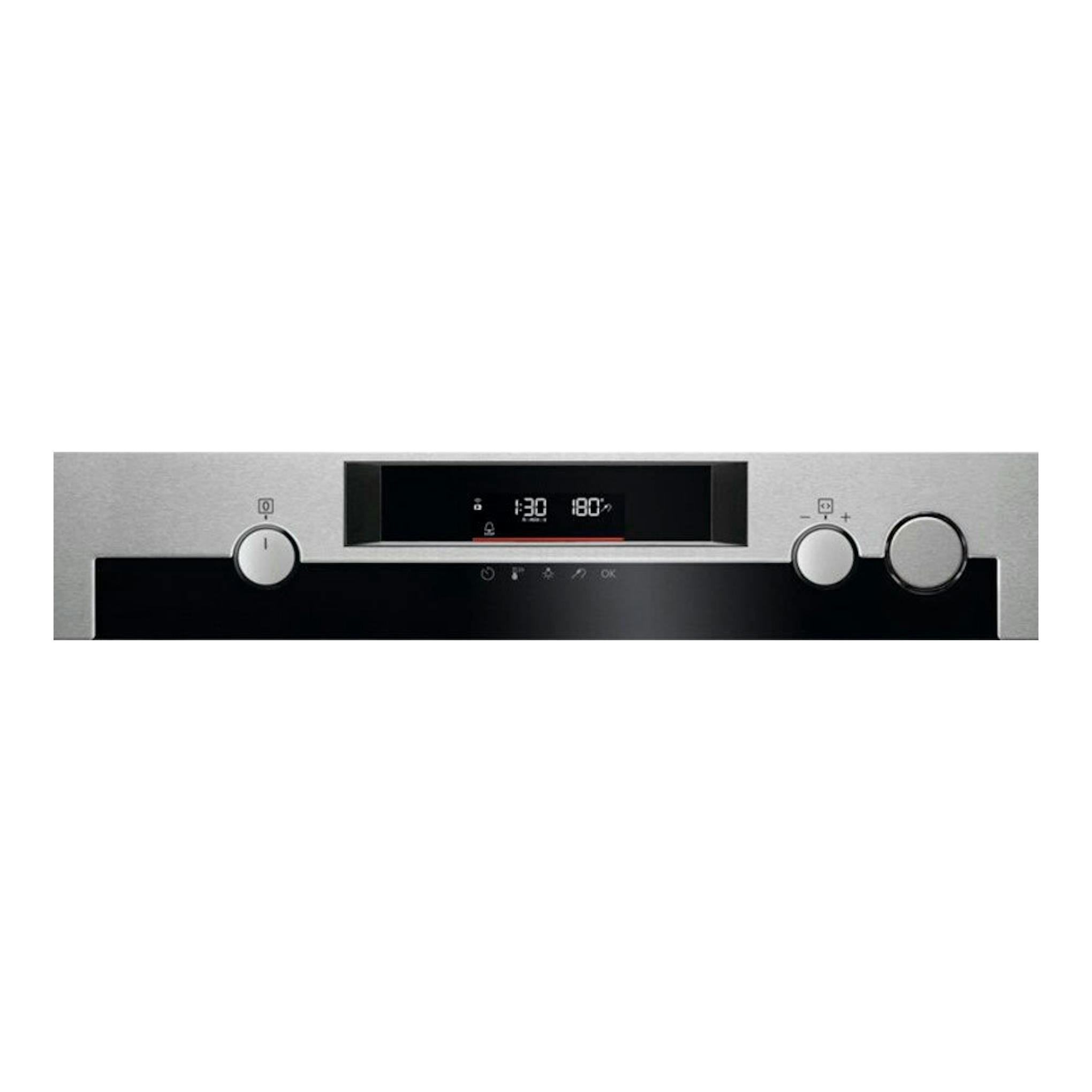Horno AEG BSS578271M inox, vista frontal, panel negro y mando giratorio sobre acabado acero inoxidable.