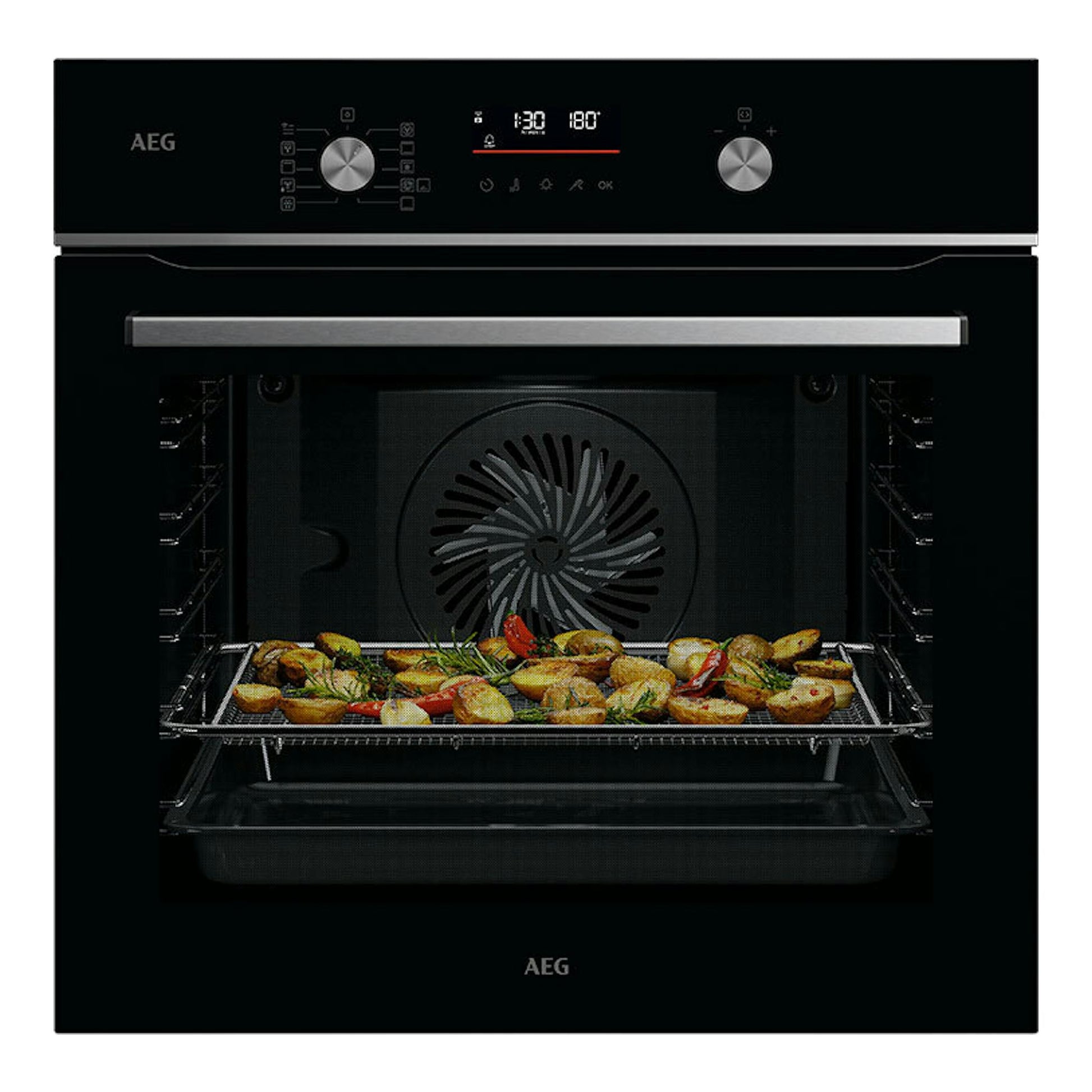 Horno AEG GS6PB51FAB negro, vista frontal, puerta abierta, interior con bandeja y alimentos.