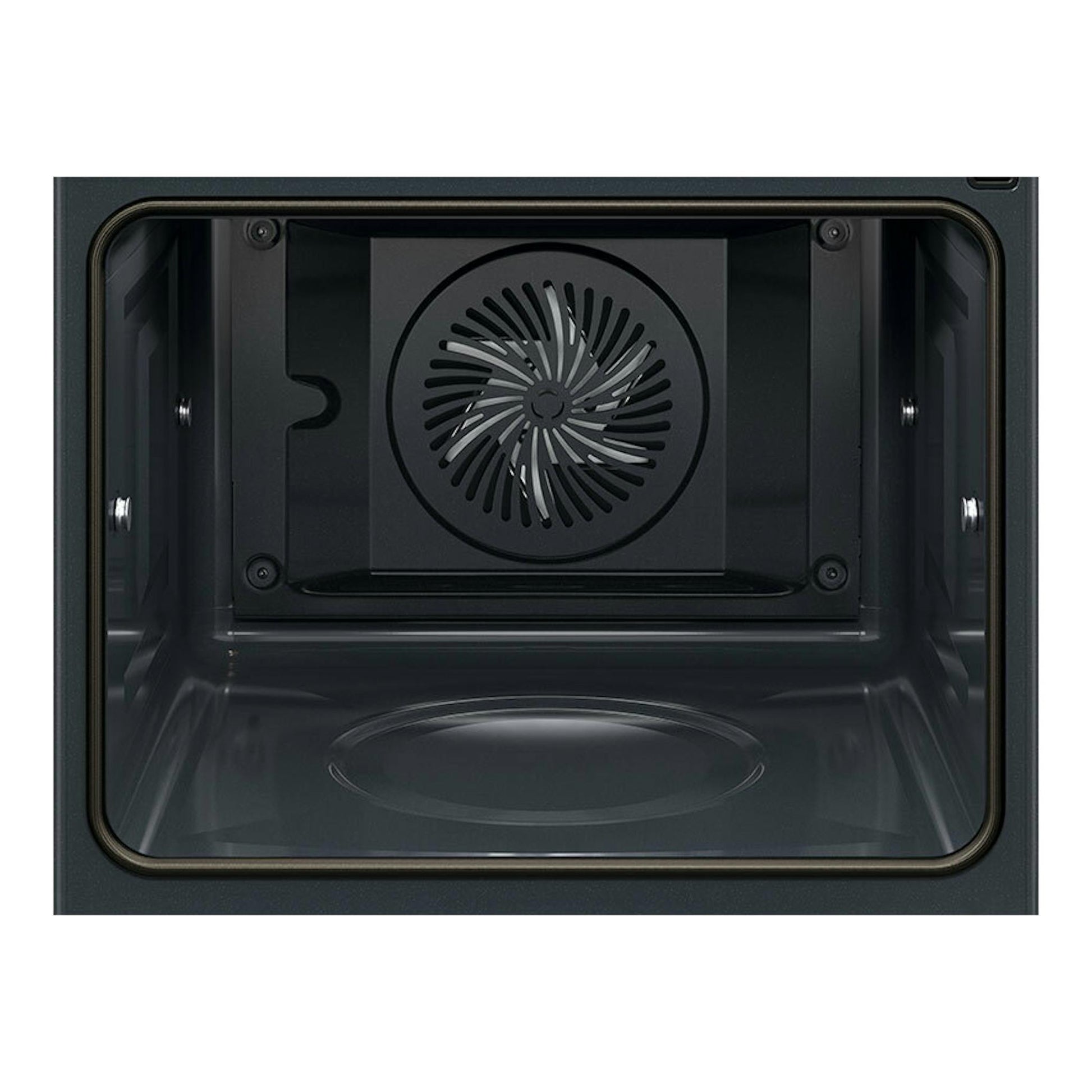 Interior de horno AEG GS6PB51FAB negro, vista frontal del compartimento con ventilador trasero.