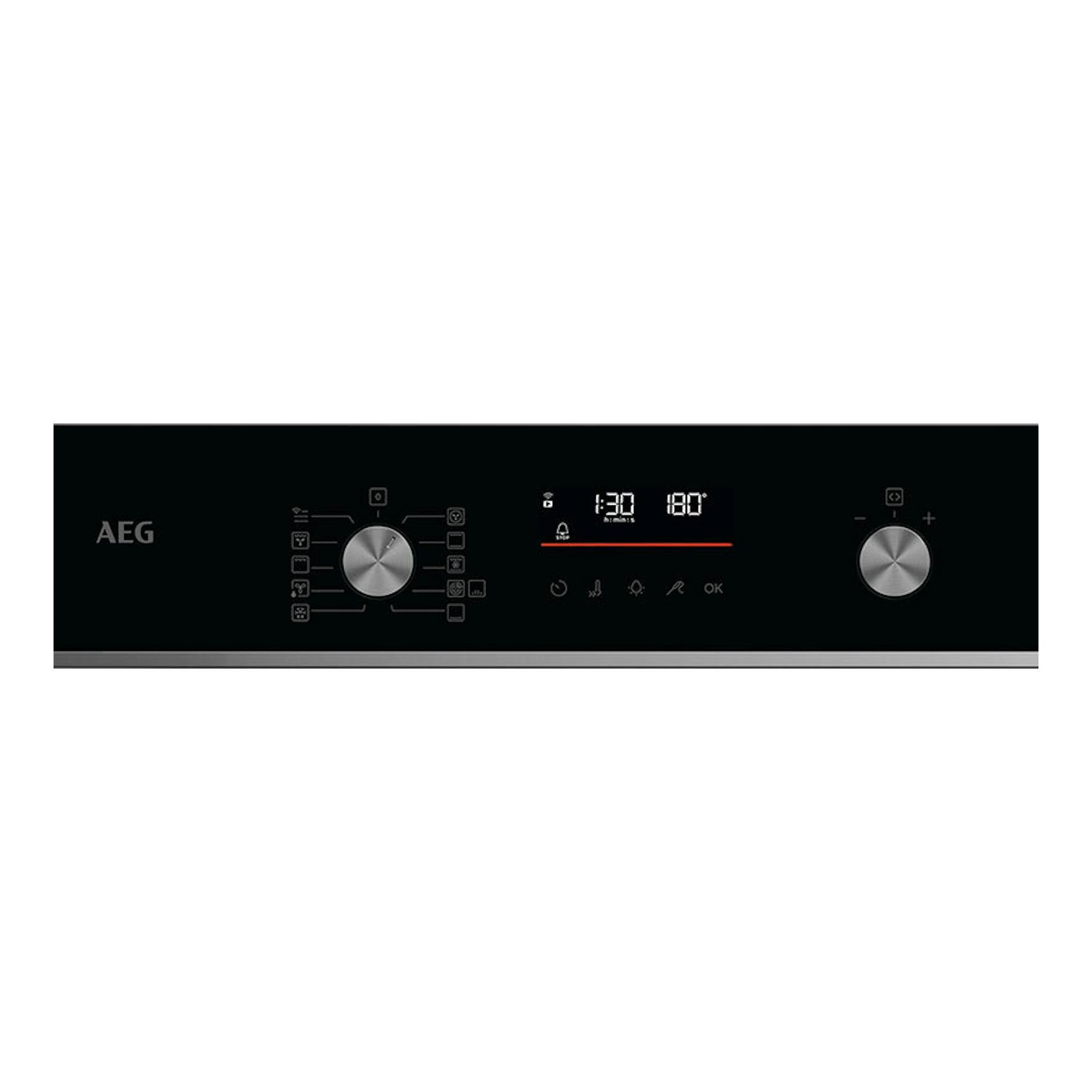 Panel frontal de horno AEG GS6PB51FAB negro, con dos mandos plateados y pantalla digital.