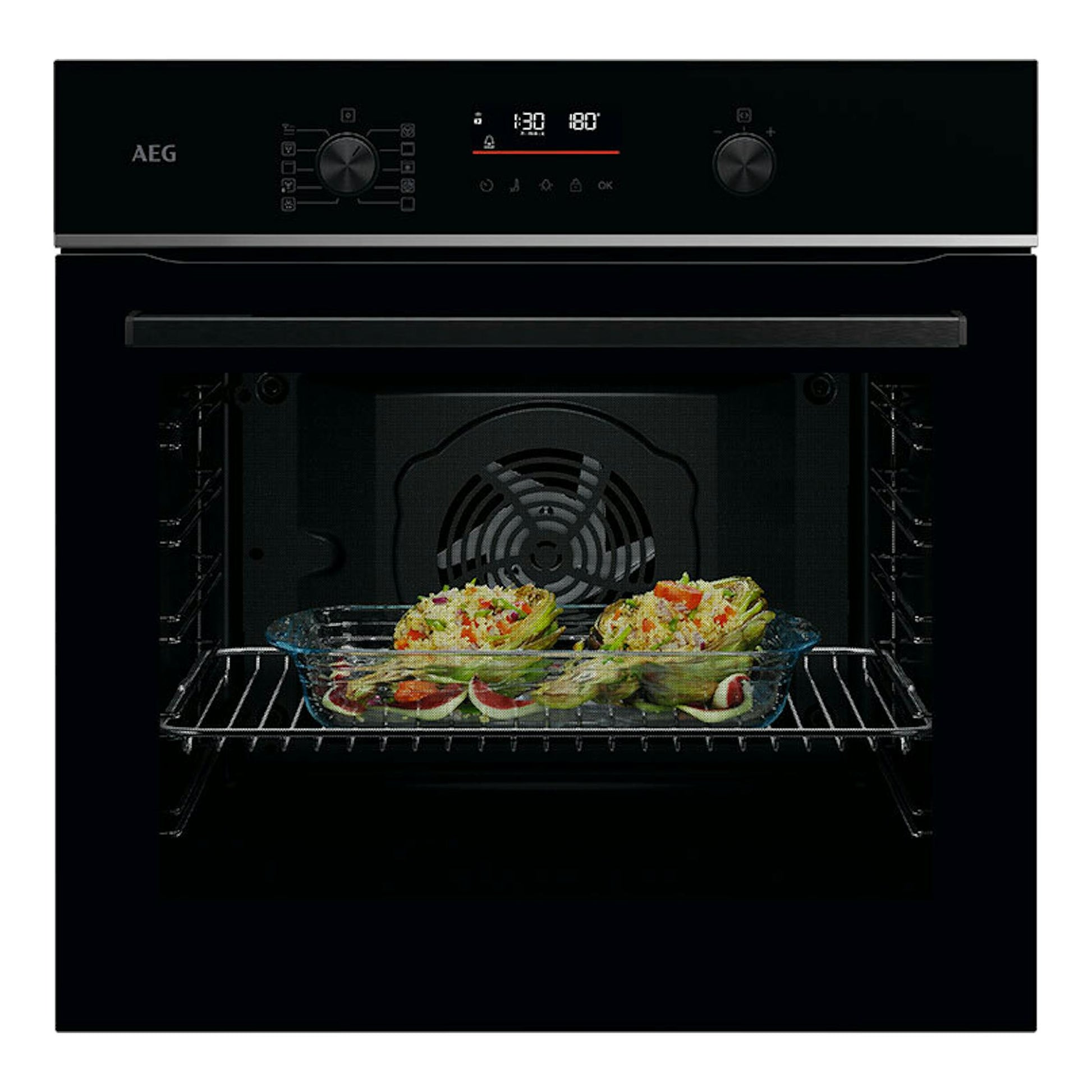 Horno AEG GU5PB41FSB negro, vista frontal, con puerta abierta y bandeja de vidrio con verduras en el interior.