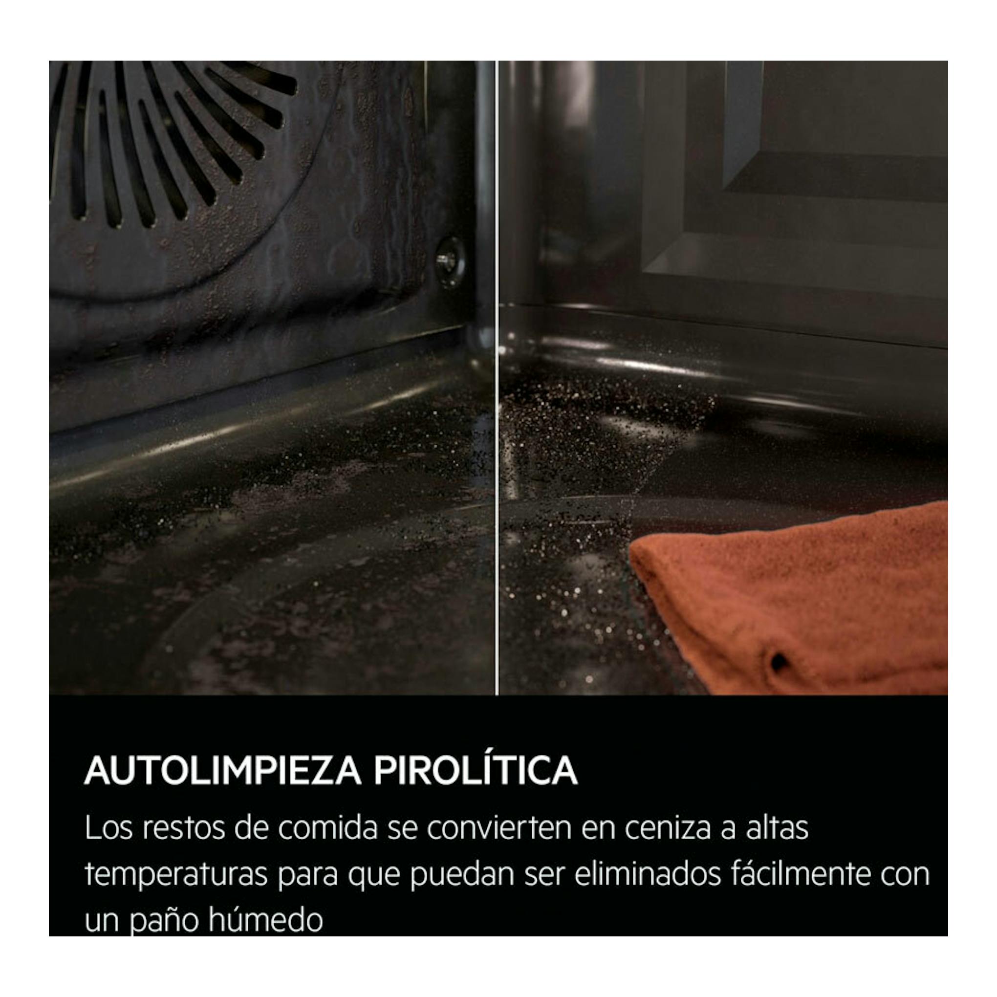 Horno AEG GU5PB41WSK de cristal negro, interior con autolimpieza pirolítica y paño en limpieza.