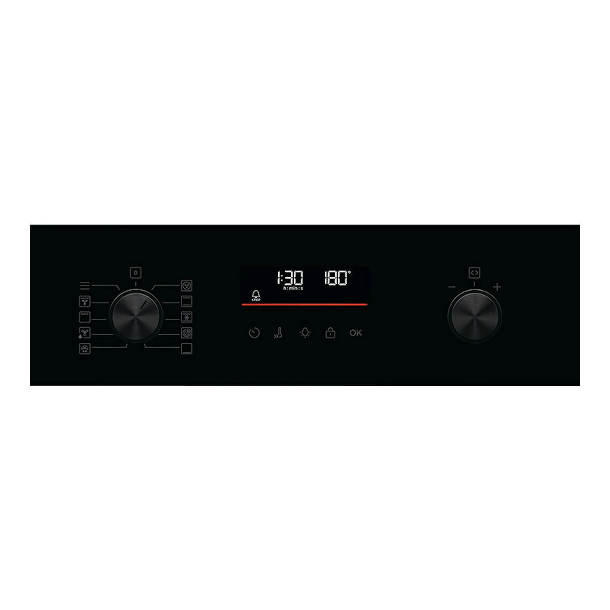 Horno AEG GU5PB41WSK de cristal negro, panel frontal con dos mandos y pantalla digital.
