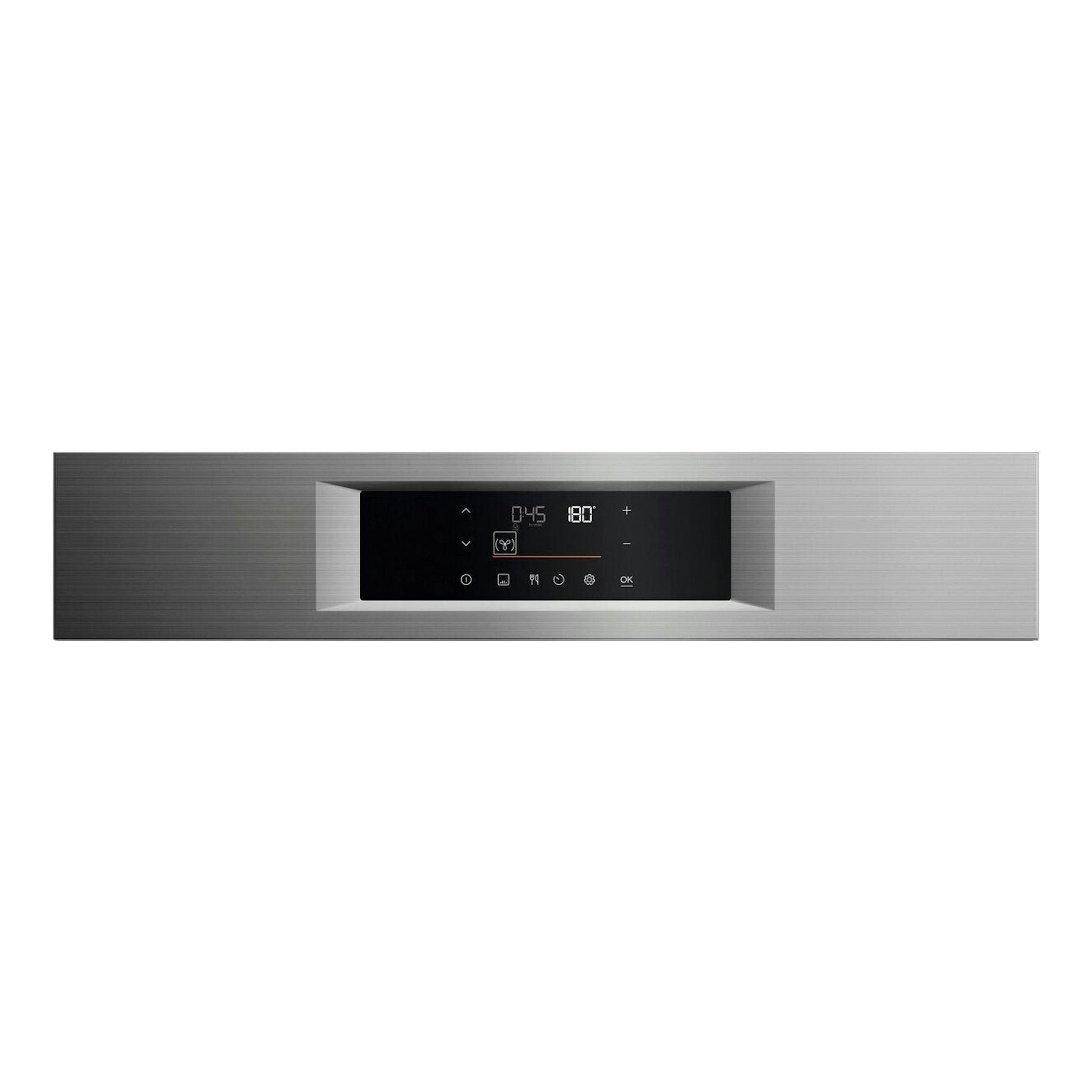 AEG GU5PB43FPM, panel frontal de horno empotrable en acero inoxidable con pantalla digital negra.
