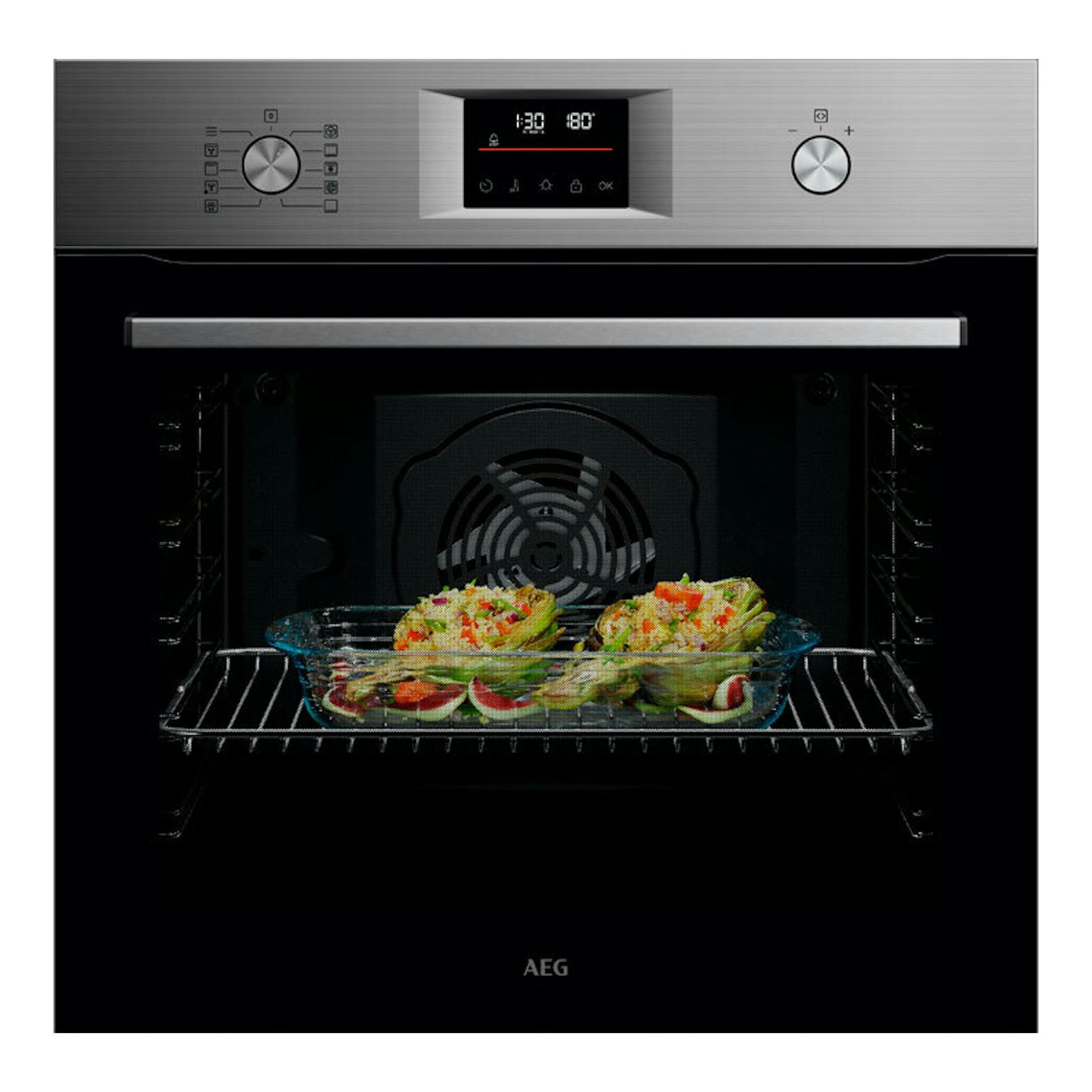 Horno AEG GU5PB43FSM inox, vista frontal, panel de acero con pantalla digital y bandeja con comida.