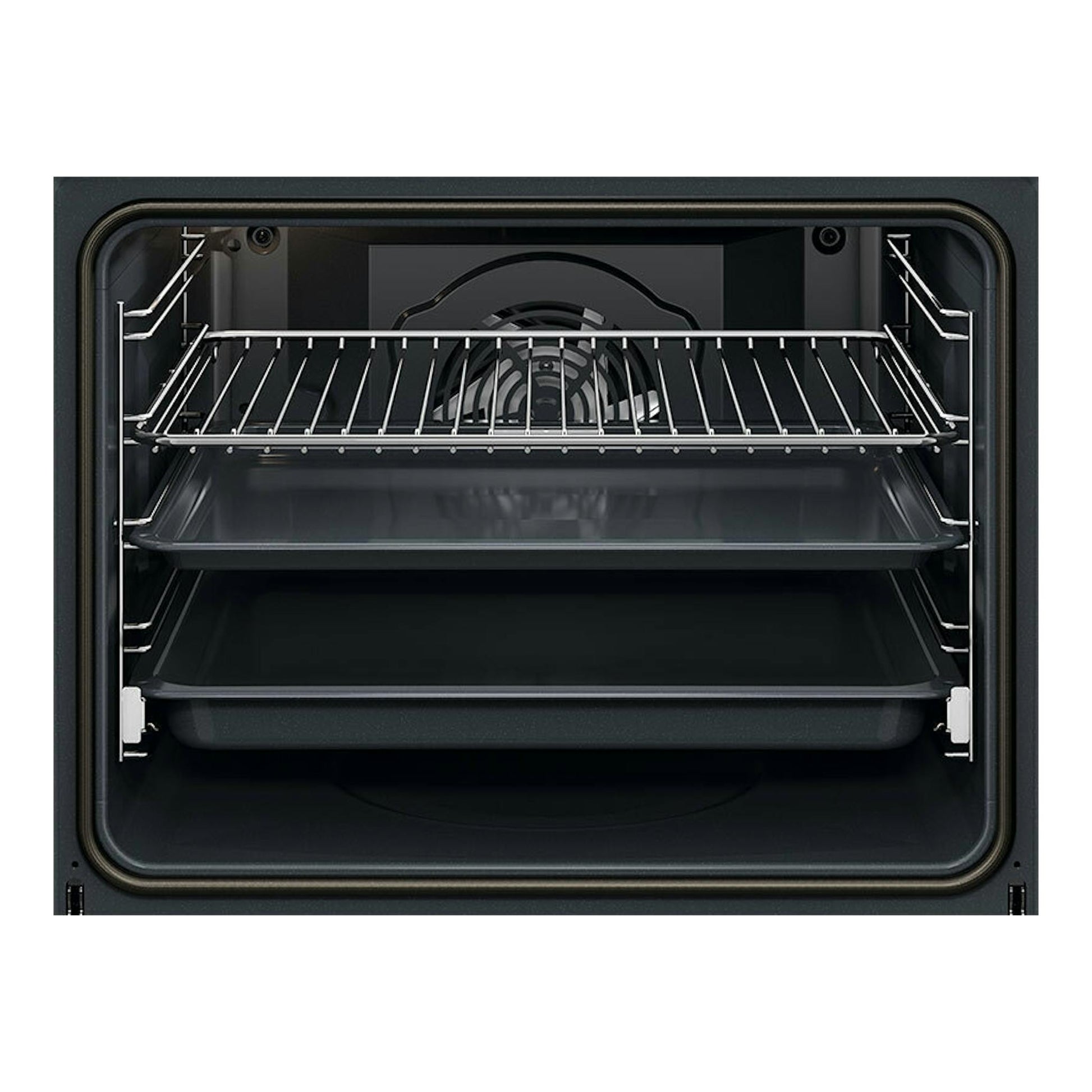 Interior de horno AEG GU5PB43FSM inox, vista frontal, con rejilla y bandejas negras.