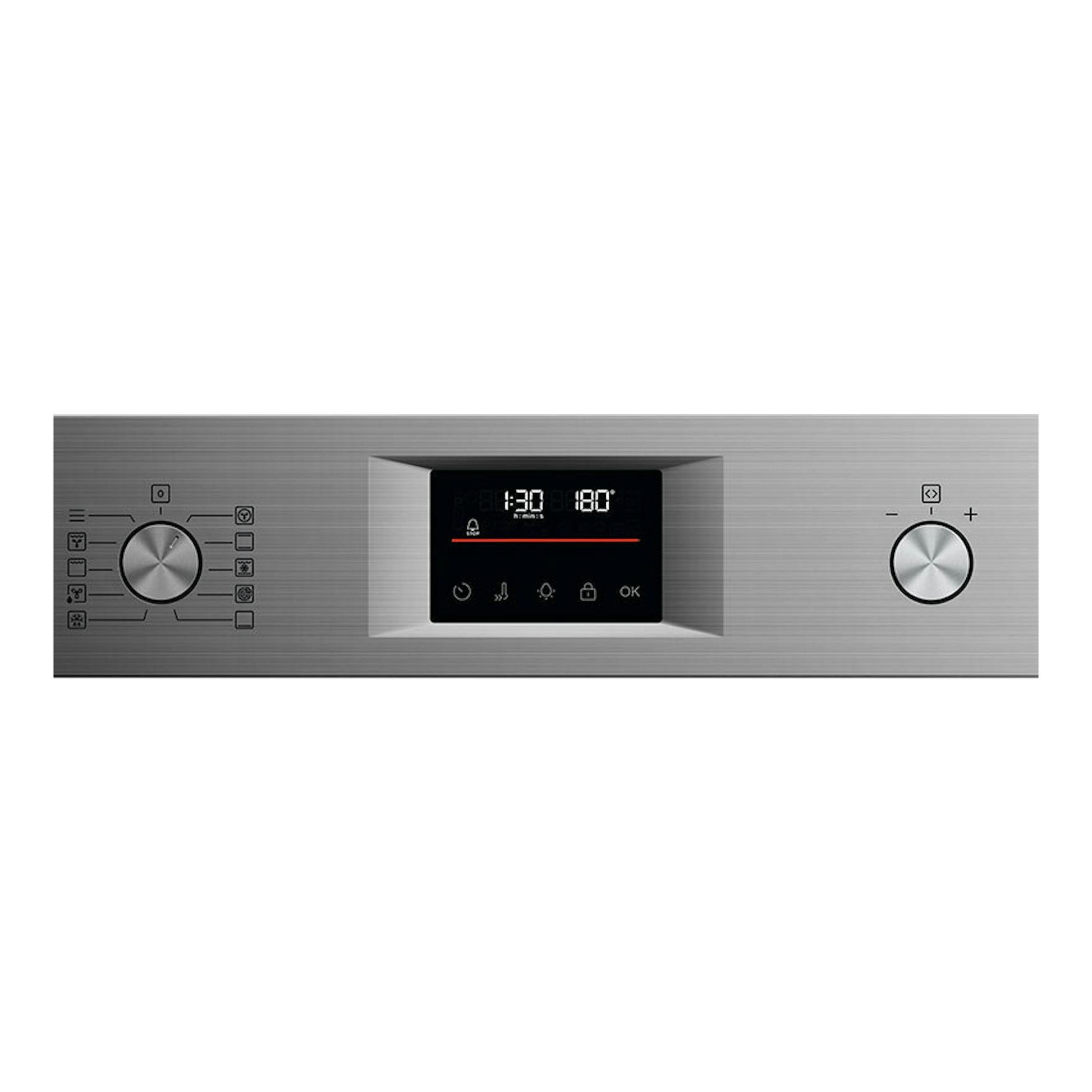 Horno AEG GU5PB43FSM inox, vista frontal del panel en acero inoxidable con display central y dos mandos.