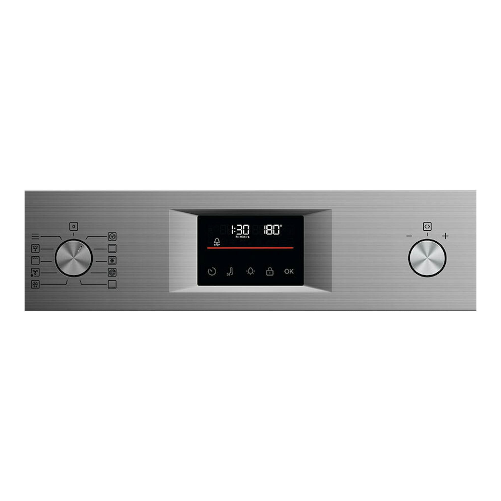 Horno AEG GU5PB43FSM inox, vista frontal del panel en acero inoxidable con display central y dos mandos.