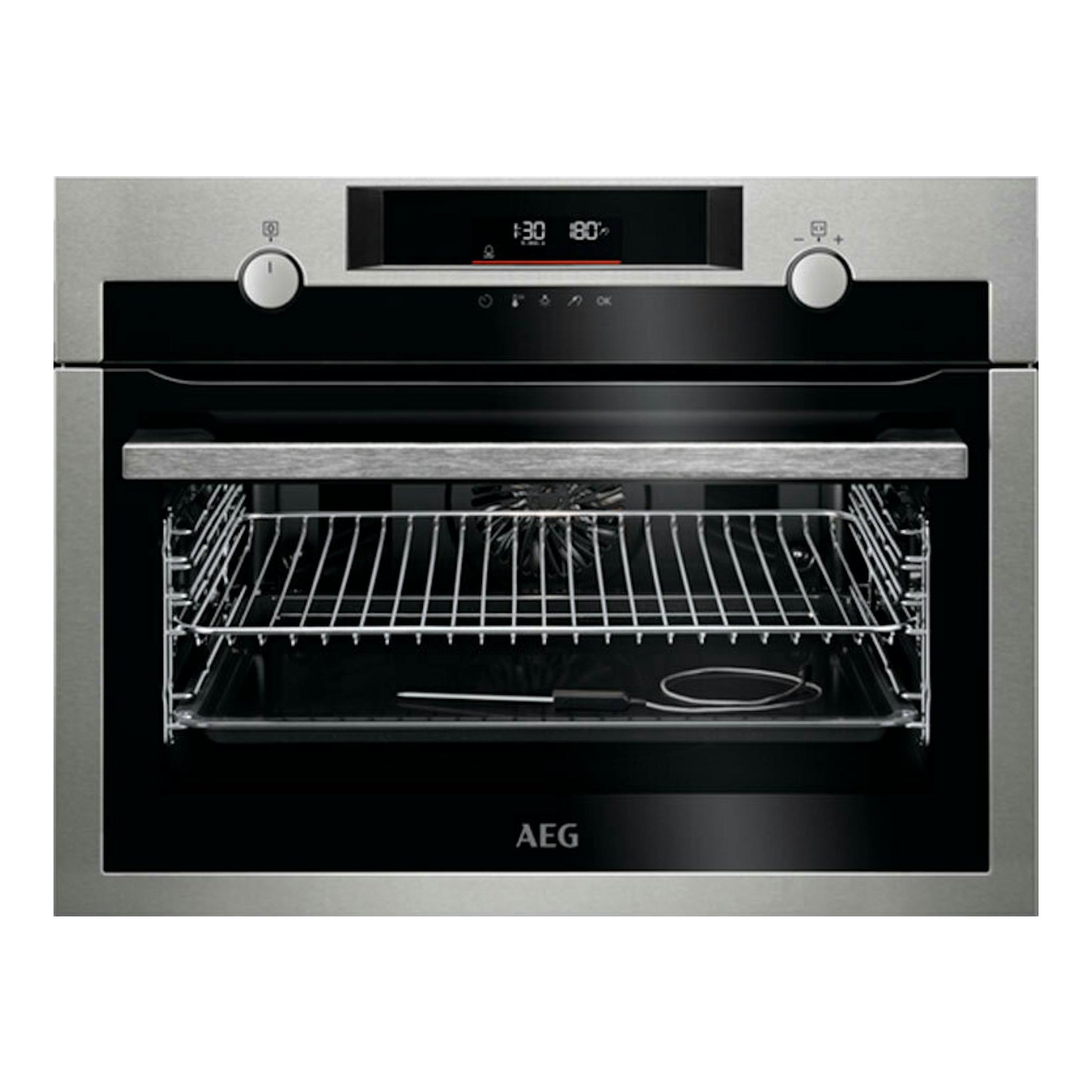 Horno empotrable AEG KEE542260M en inox, vista frontal, con puerta abierta y display digital.