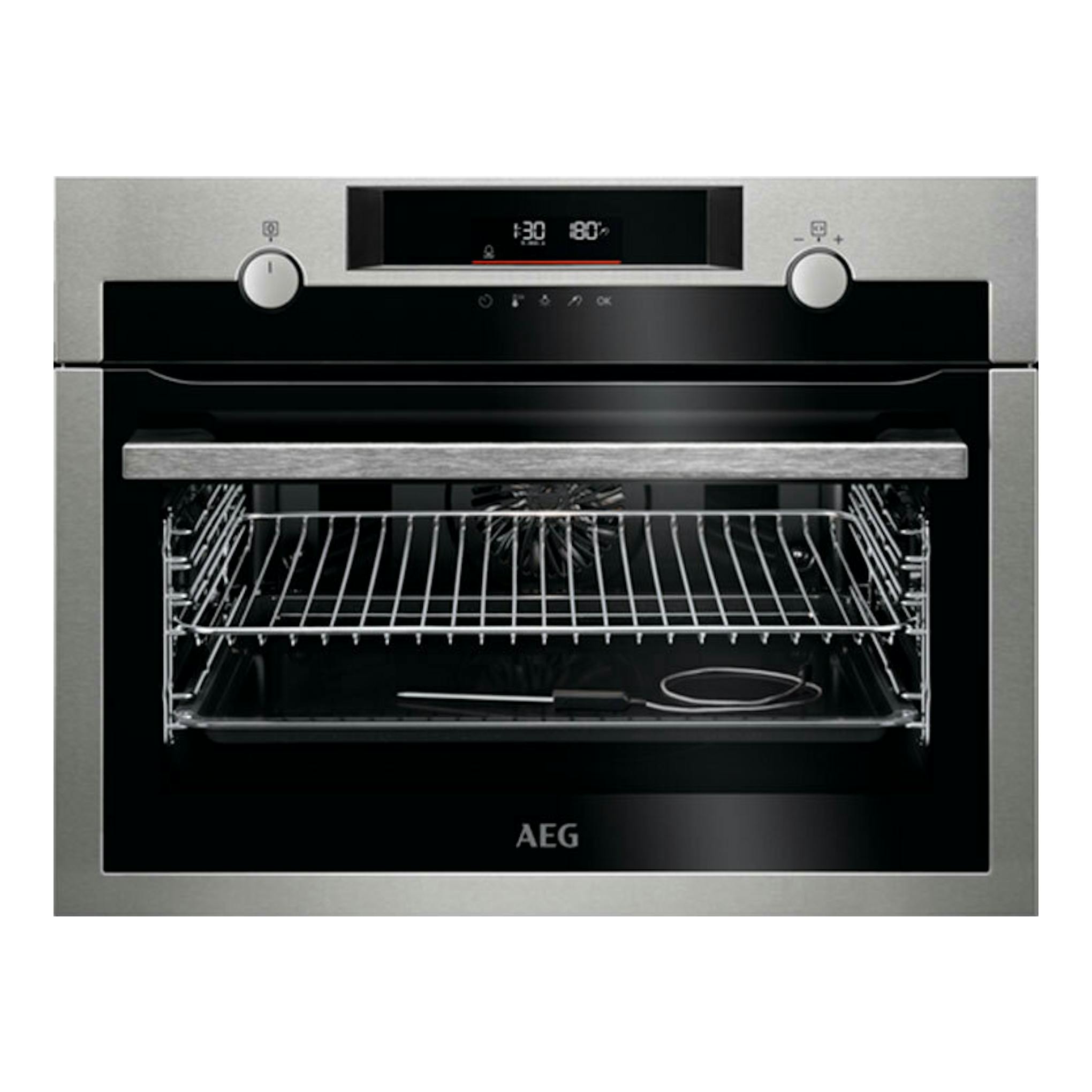 Horno empotrable AEG KEE542260M en inox, vista frontal, con puerta abierta y display digital.