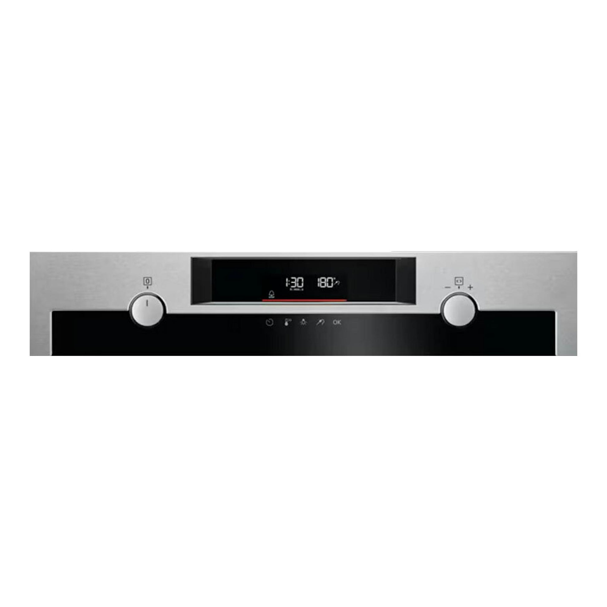 Horno AEG KEE542260M inox, vista frontal del panel de control con display negro y dos mandos plateados.