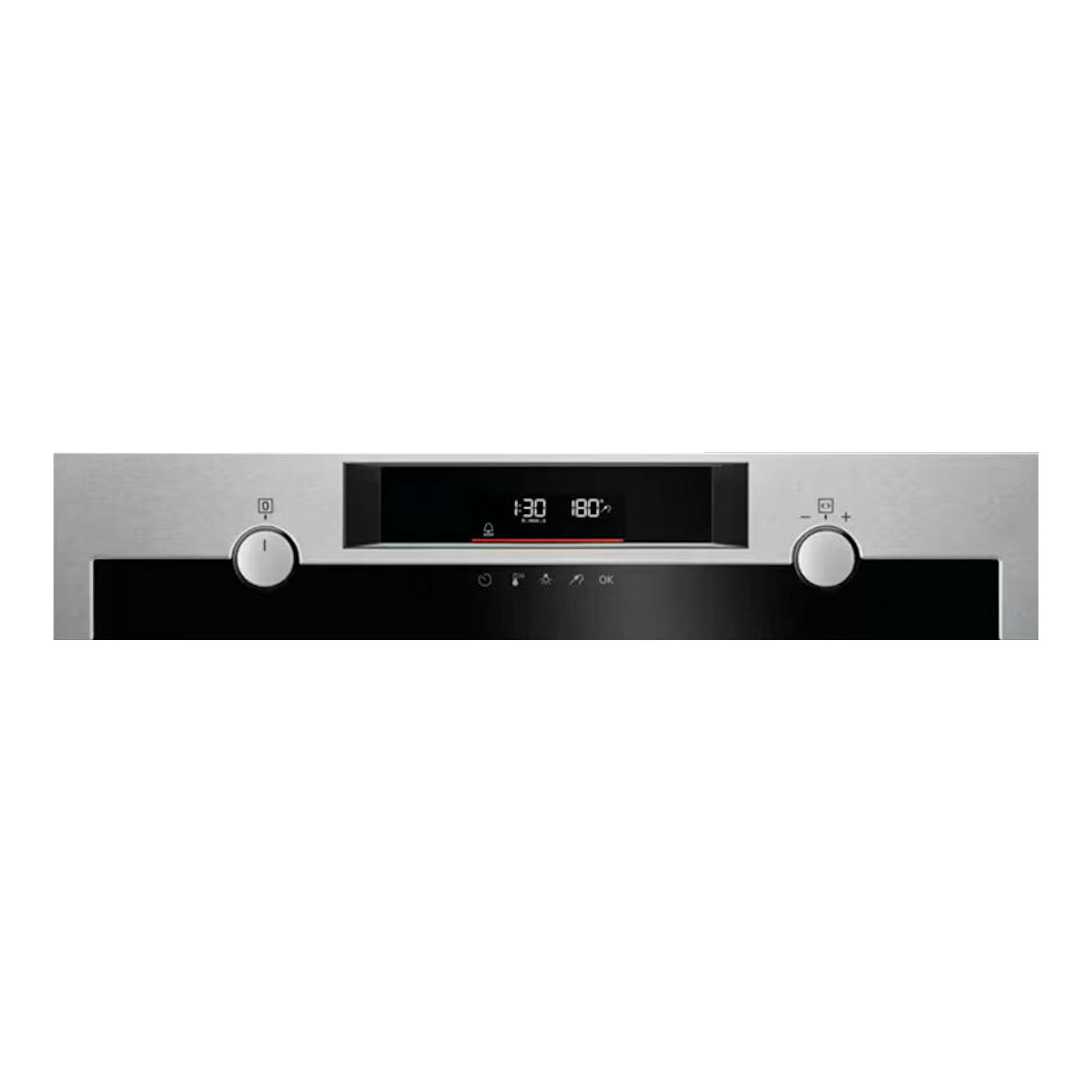 Horno AEG KEE542260M inox, vista frontal del panel de control con display negro y dos mandos plateados.