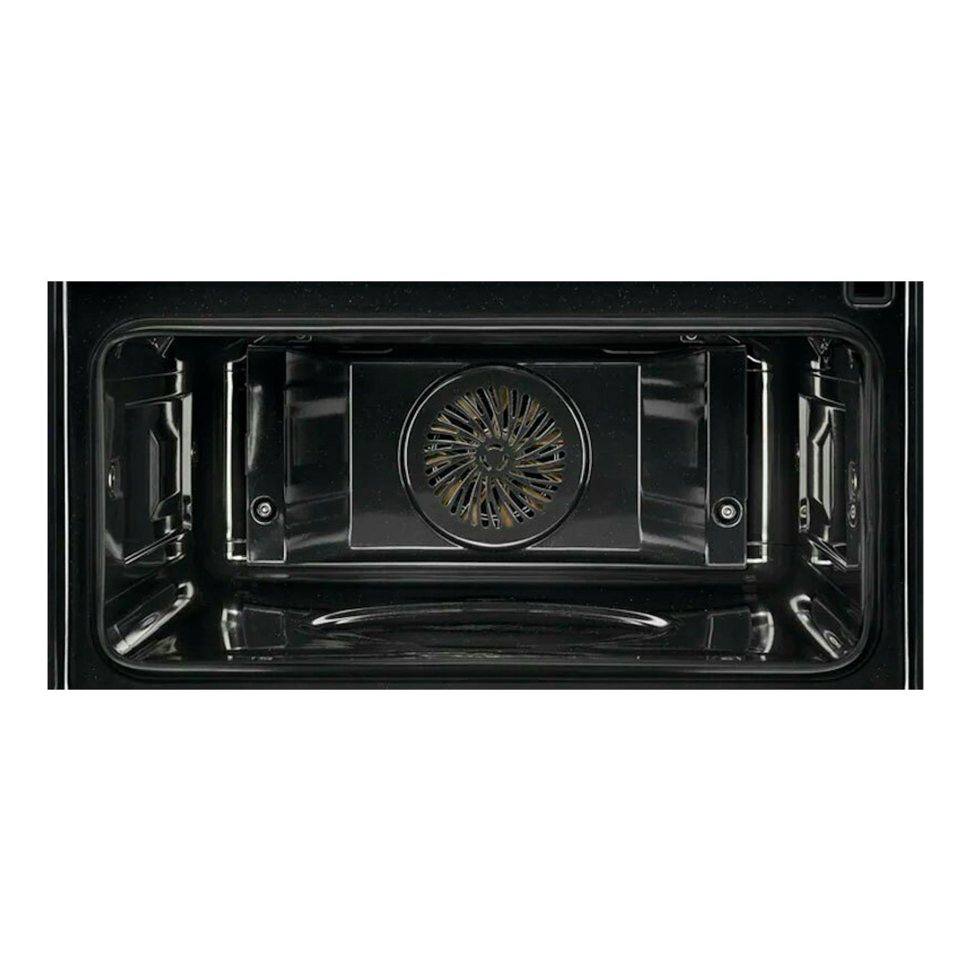 Horno AEG KEE542260M inox, vista interior frontal en negro con ventilador circular trasero.
