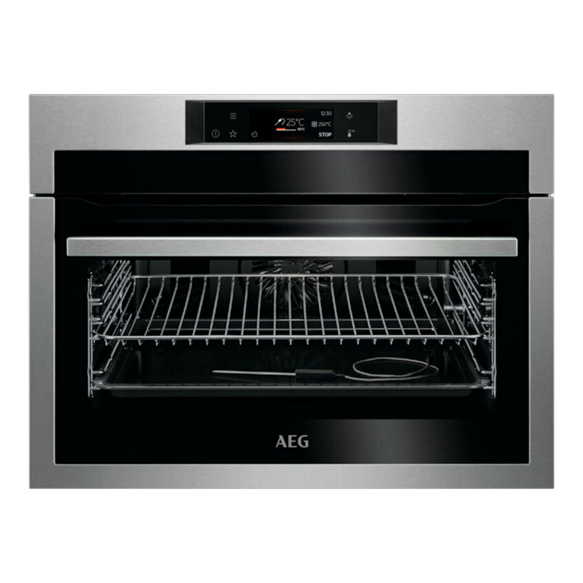 Horno empotrable AEG KPE742280M en inox y negro, vista frontal con puerta abierta y pantalla digital.