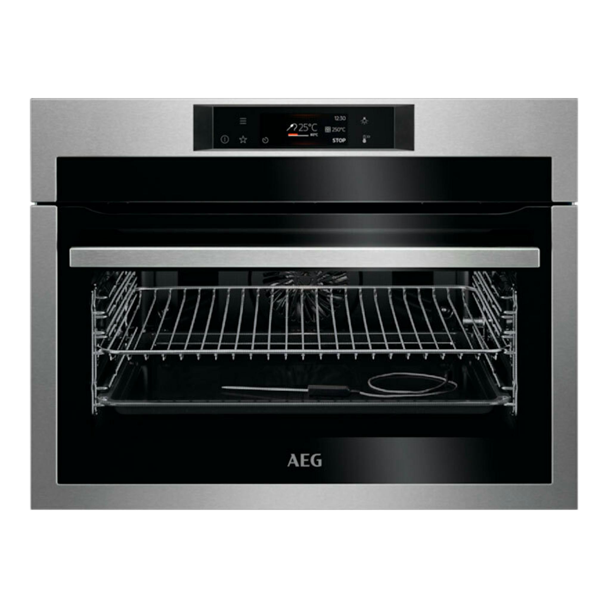 Horno empotrable AEG KPE742280M en inox y negro, vista frontal con puerta abierta y pantalla digital.