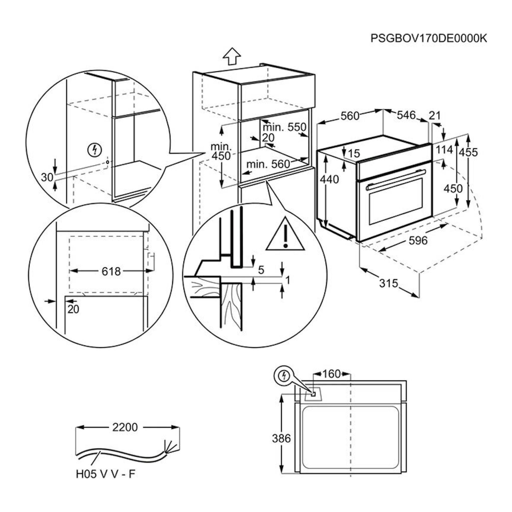 Plano técnico de horno AEG KPE742280M inox, con vistas frontal y lateral y medidas en blanco y negro.