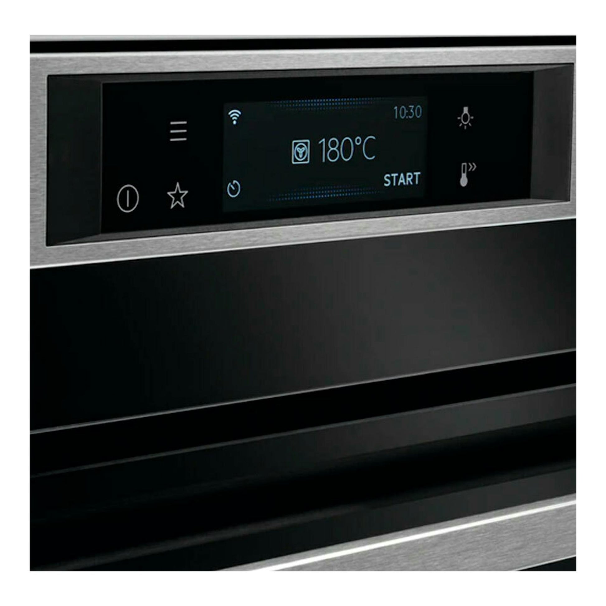 Horno AEG KPE742280M en inox y negro, vista frontal parcial con panel táctil digital iluminado.