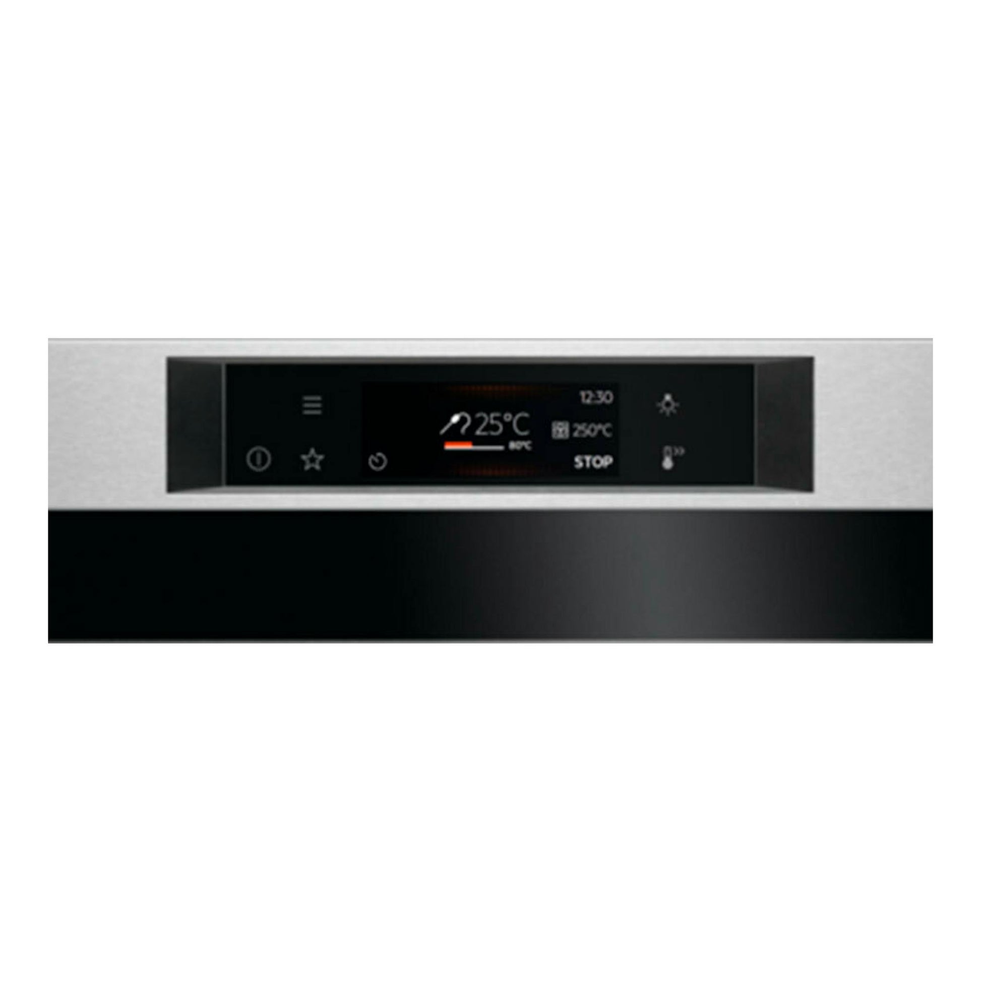 Horno AEG KPE742280M inox, vista frontal del panel negro sobre acero inoxidable.