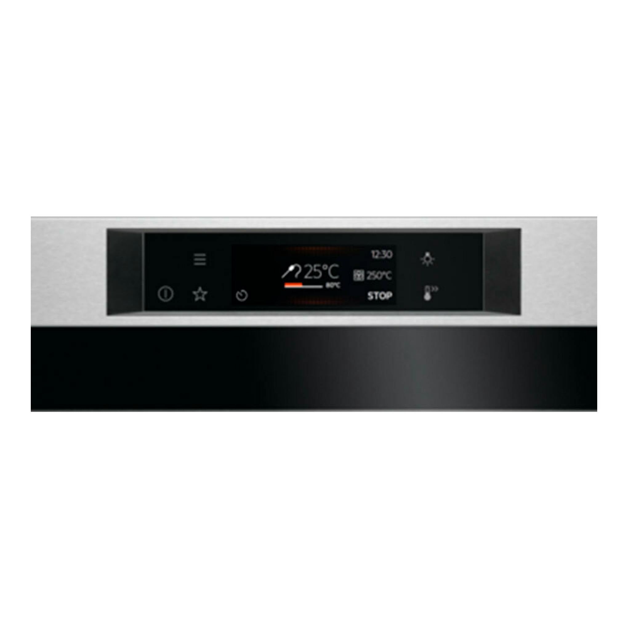 Horno AEG KPE742280M inox, vista frontal del panel negro sobre acero inoxidable.