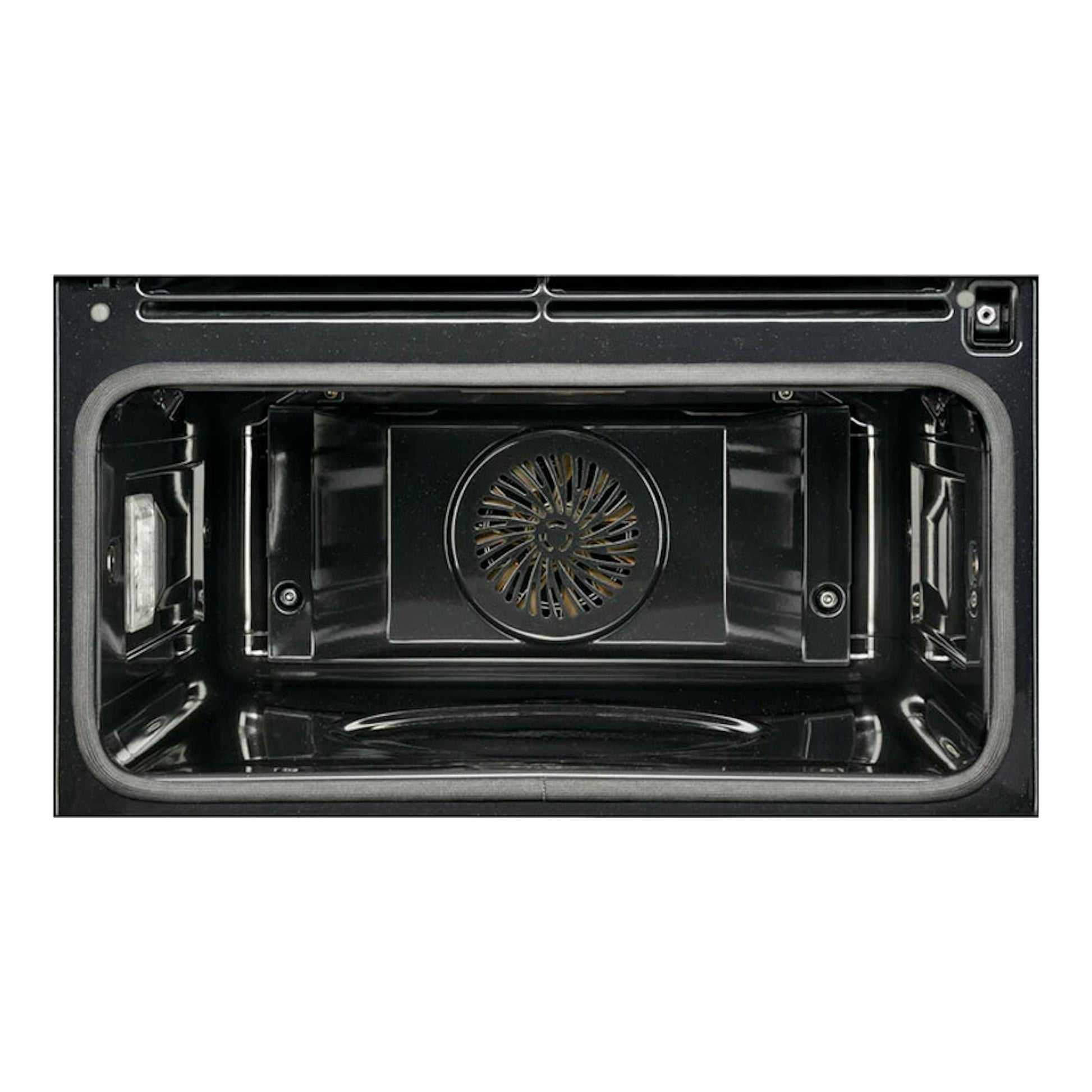 Horno AEG KPE742280M inox, interior negro visto de frente, con ventilador circular central.