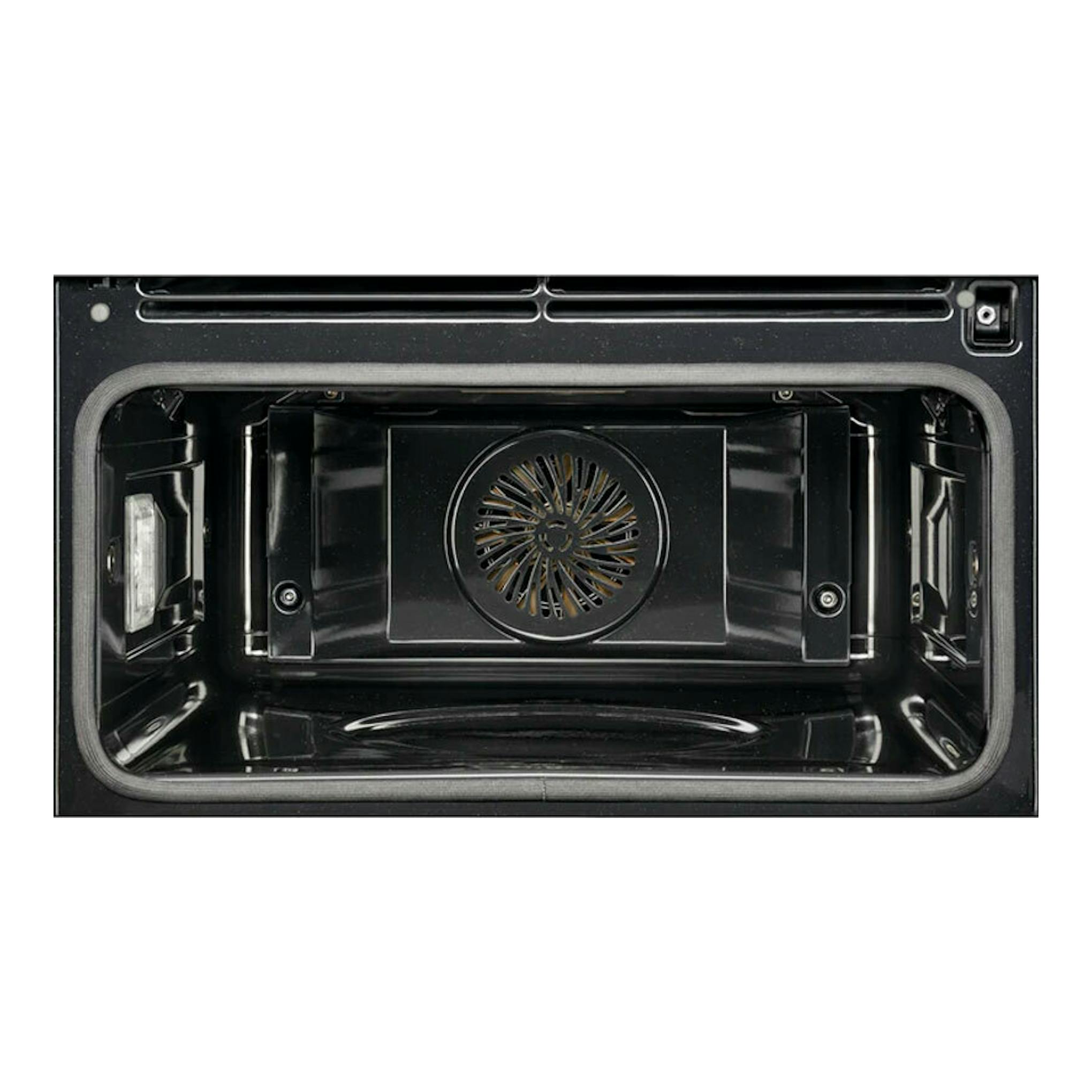Horno AEG KPE742280M inox, interior negro visto de frente, con ventilador circular central.