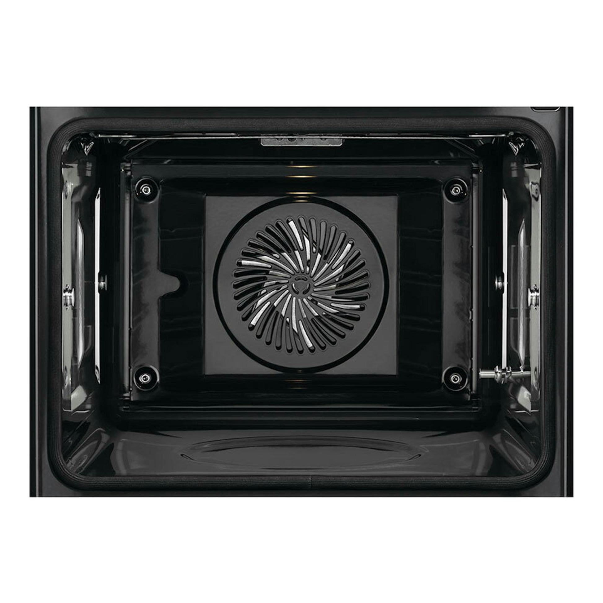 Interior de horno AEG OA5PB531AB negro, vista frontal con ventilador circular trasero.