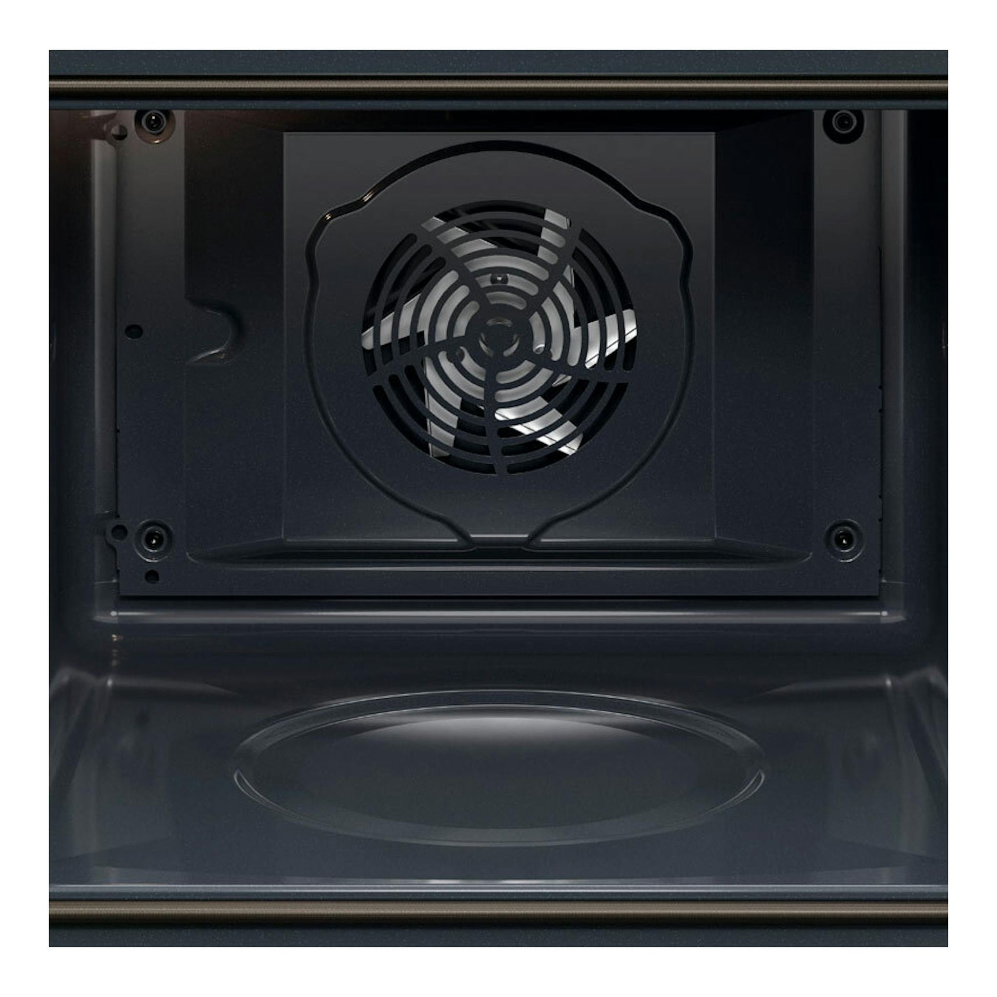 Horno AEG OR6PB51WSB de cristal negro, vista frontal del interior con ventilador circular trasero.