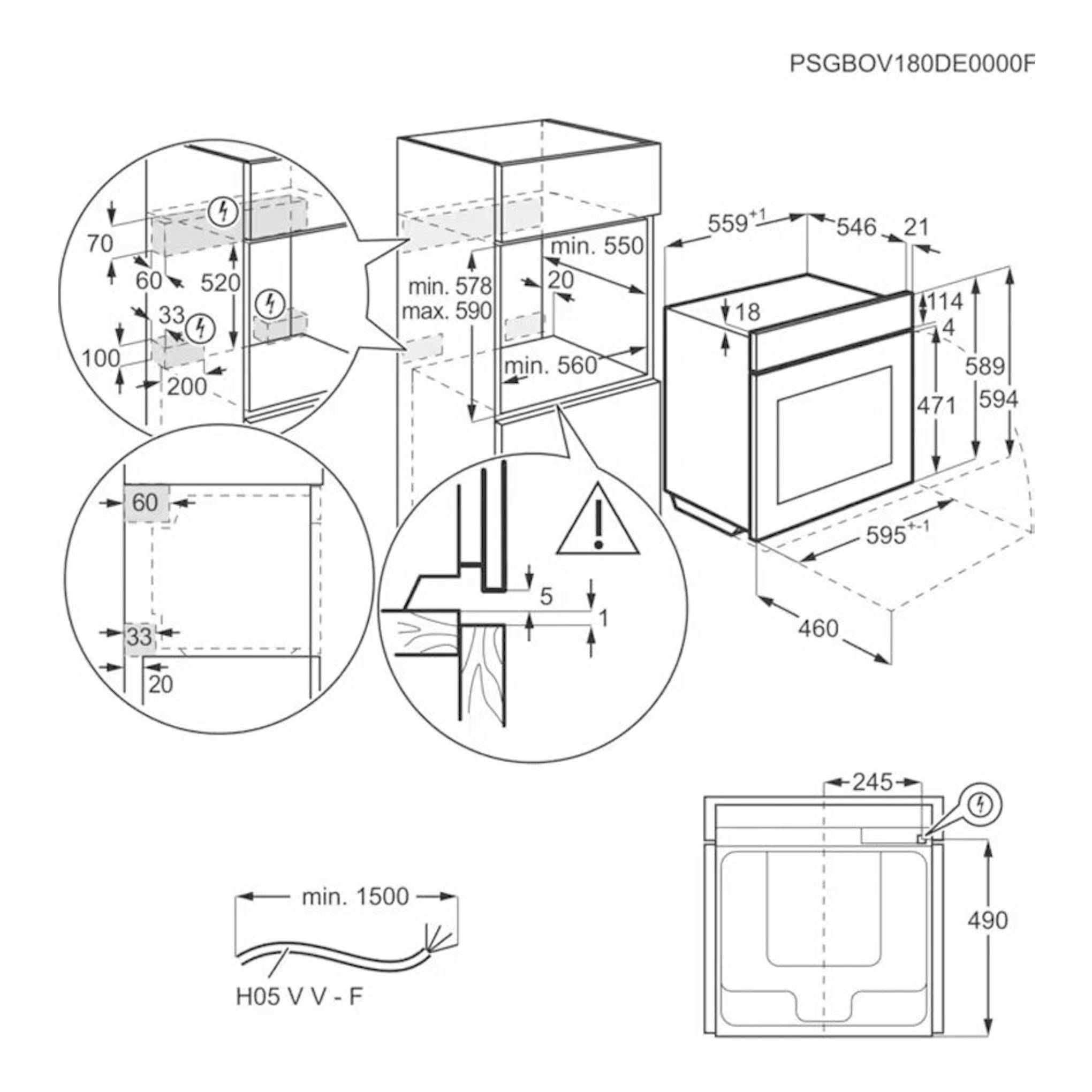 AEG OS6PB511AB negro, esquema técnico de instalación de horno empotrable con medidas y vistas frontal/lateral.