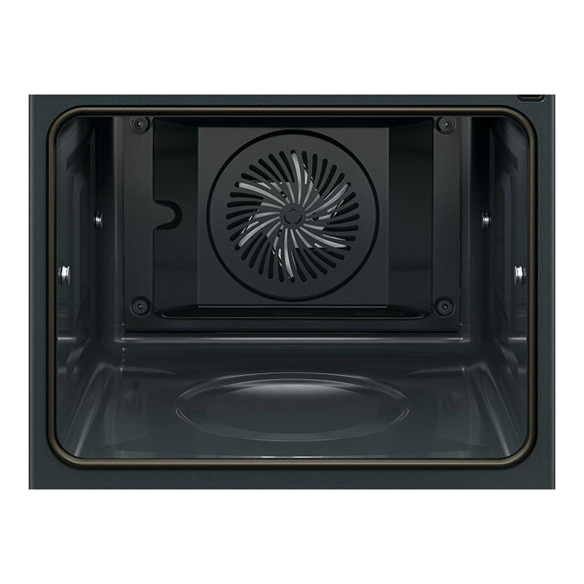 Horno AEG OS6PB511AB negro, vista frontal del interior con ventilador circular en la pared trasera.