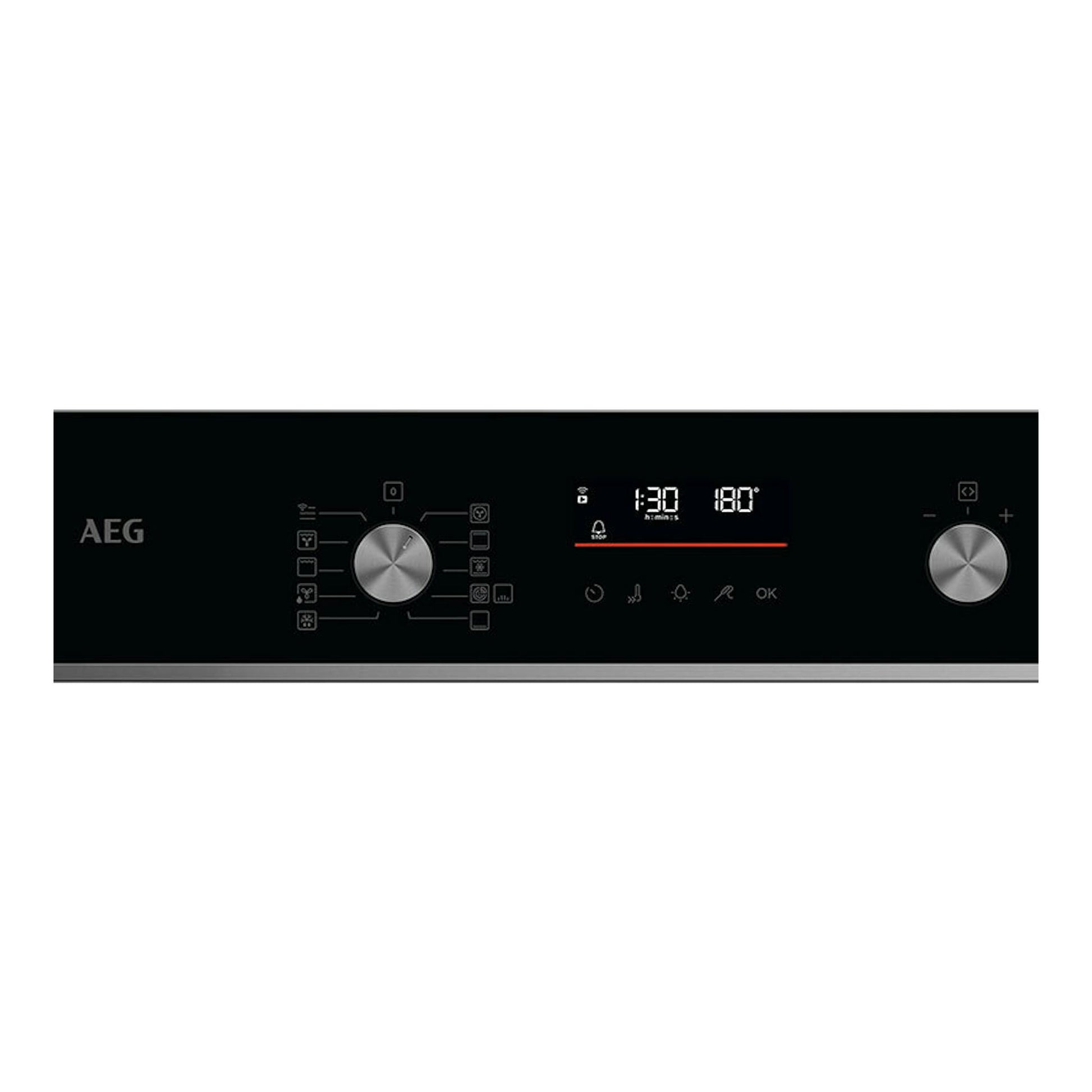 Horno AEG OS6PB511AB negro, vista frontal del panel de control con dos mandos y pantalla digital.